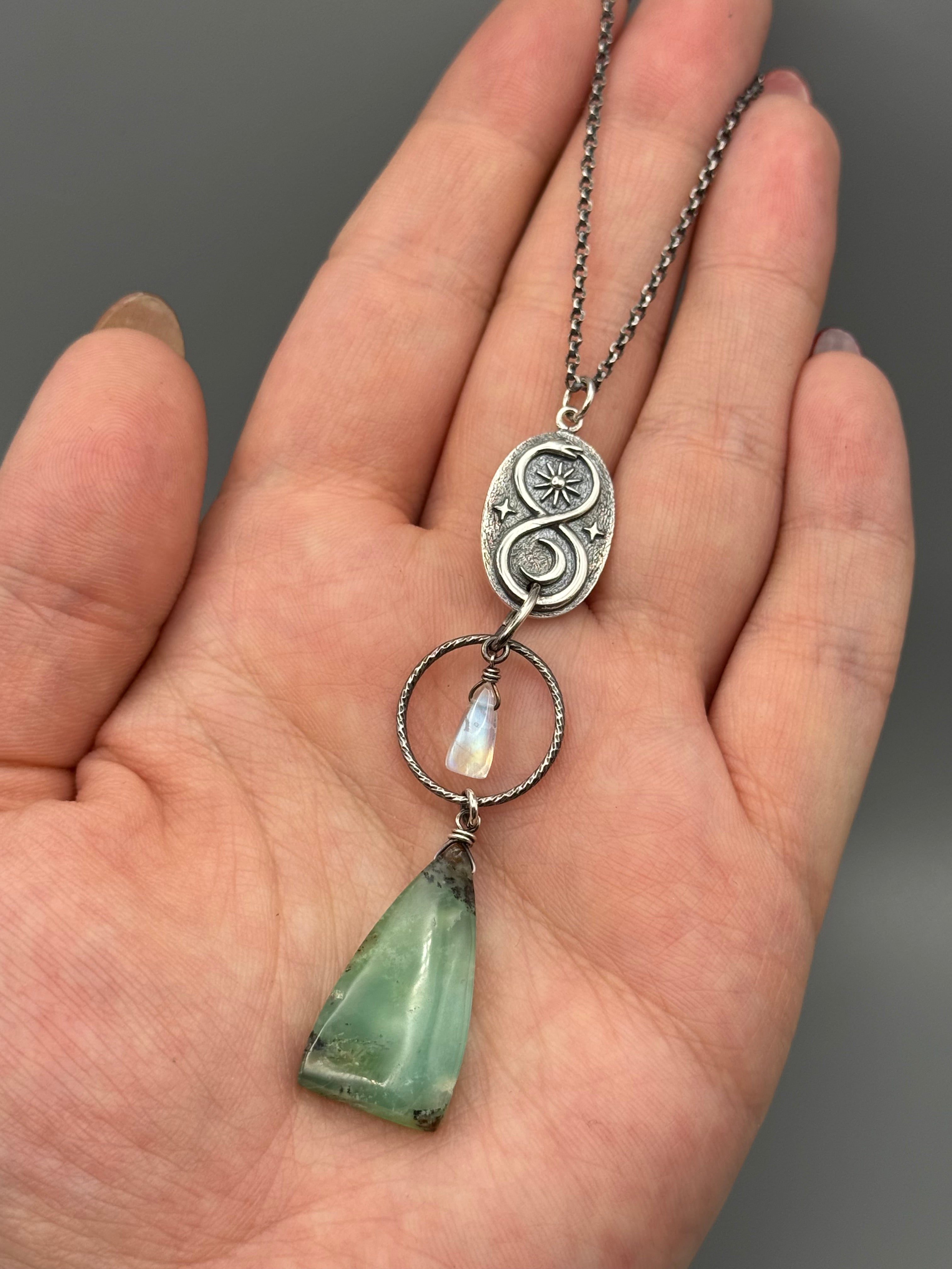 •NĀGA• rainbow moonstone + chrysoprase silver necklace (18"-20" long)