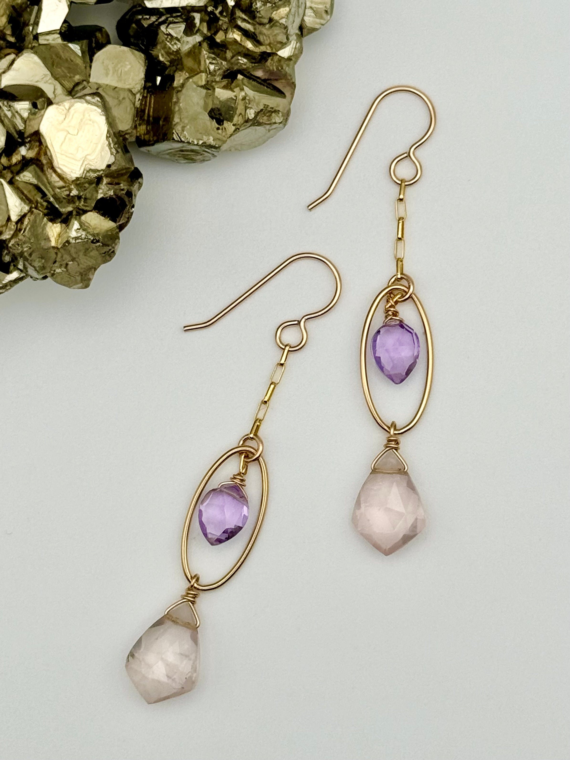 •LUNA SWING• rose quartz + amethyst gold dangle earrings