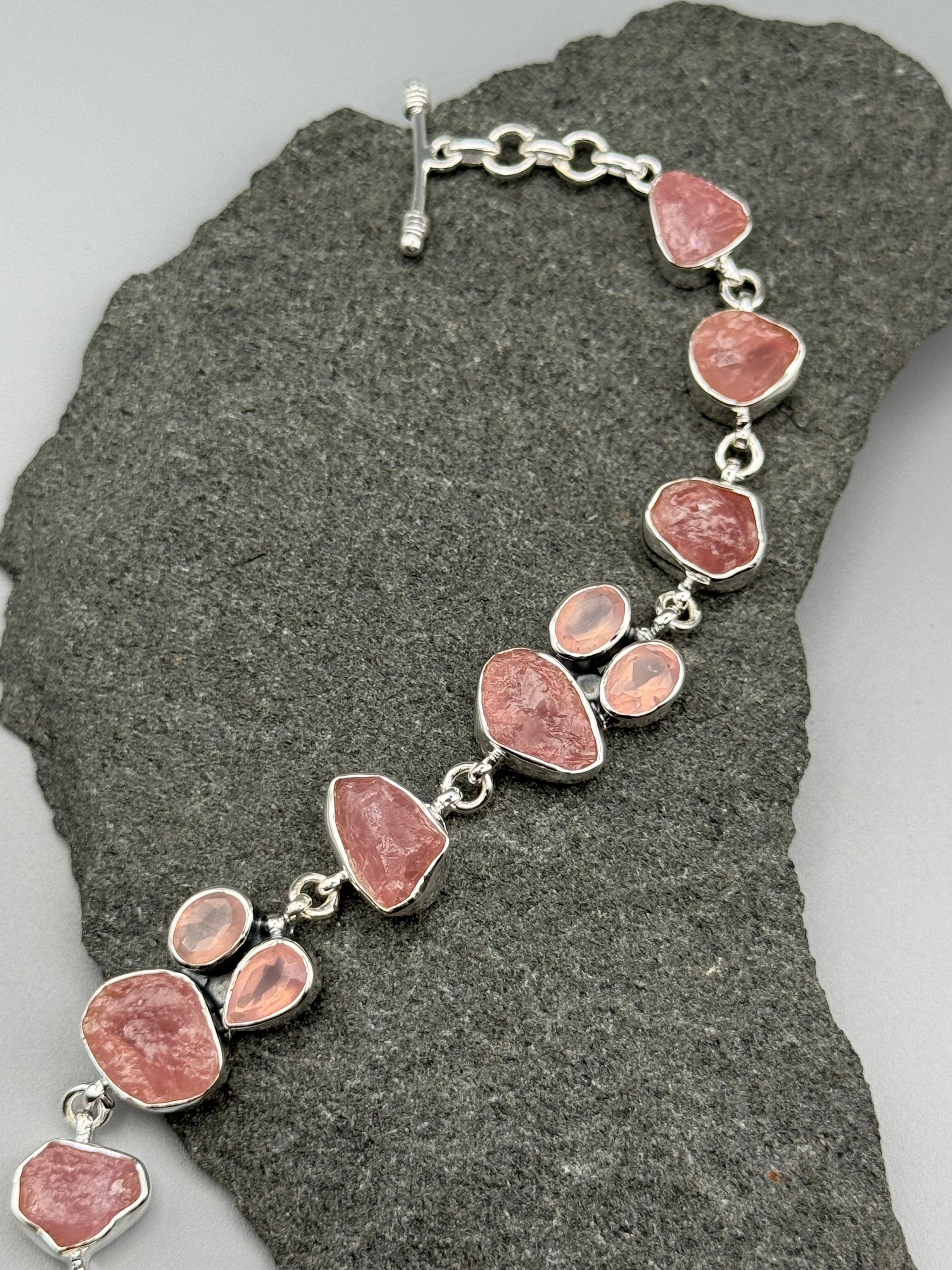 •ROSE QUARTZ - CLUSTER• linked silver bracelet (7.5" - 8.5")