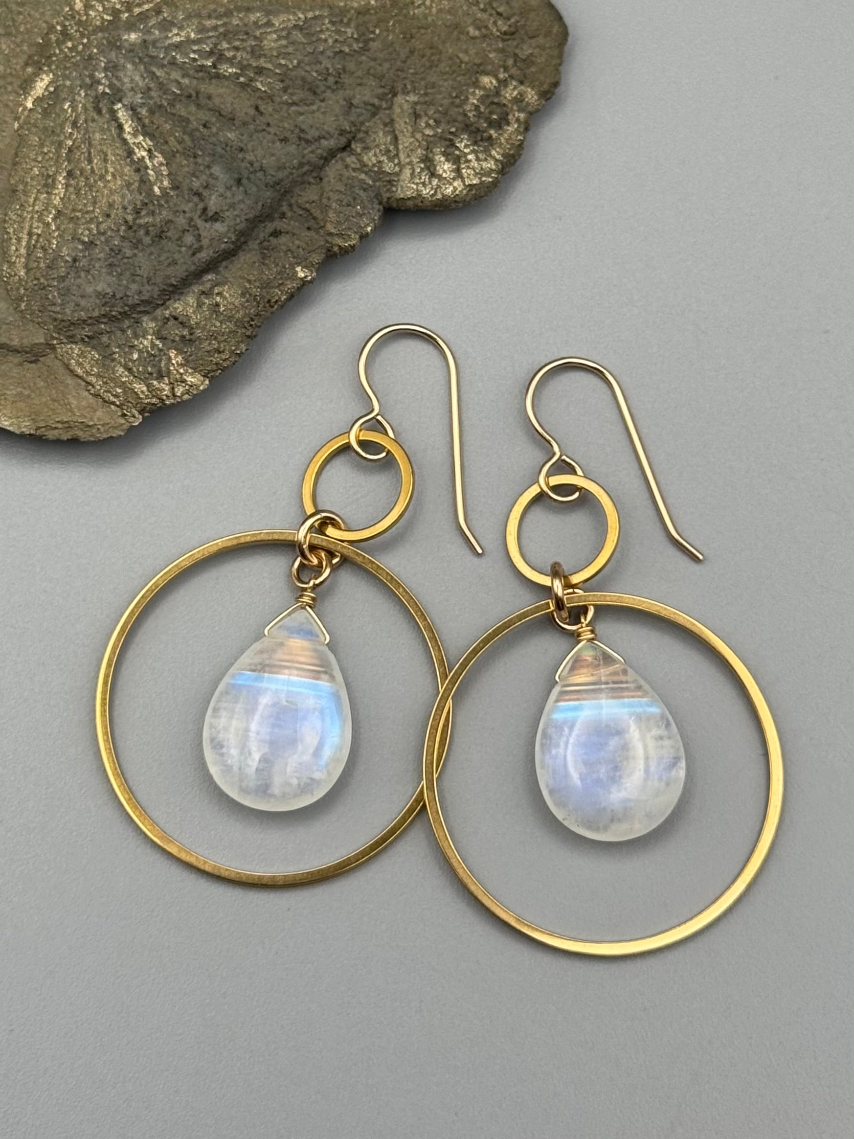 •EQUA-LUNA• rainbow moonstone tear + gold earrings