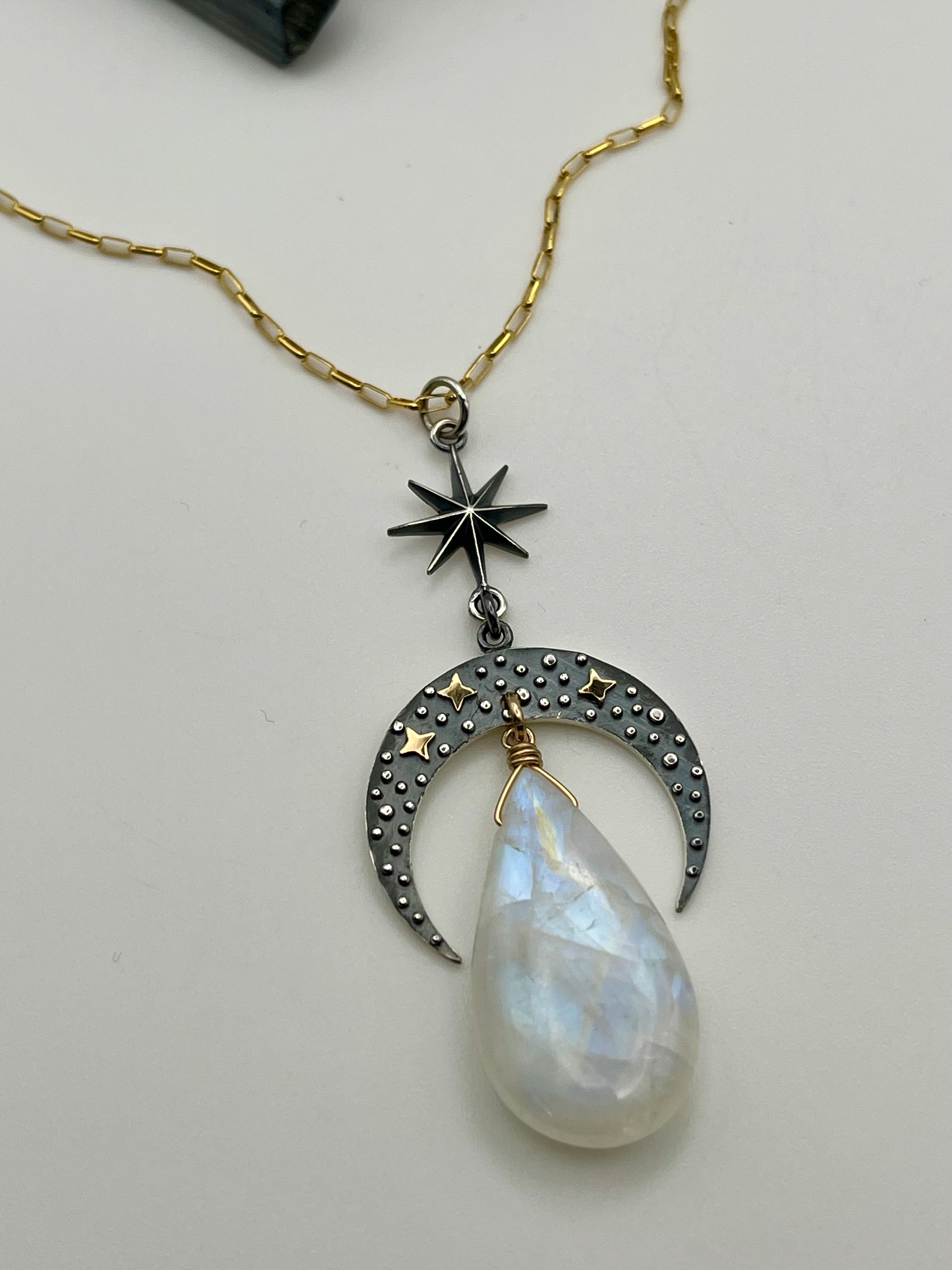 •NYX• rainbow moonstone + celestial crescent mixed metal necklace (26"-28" long)