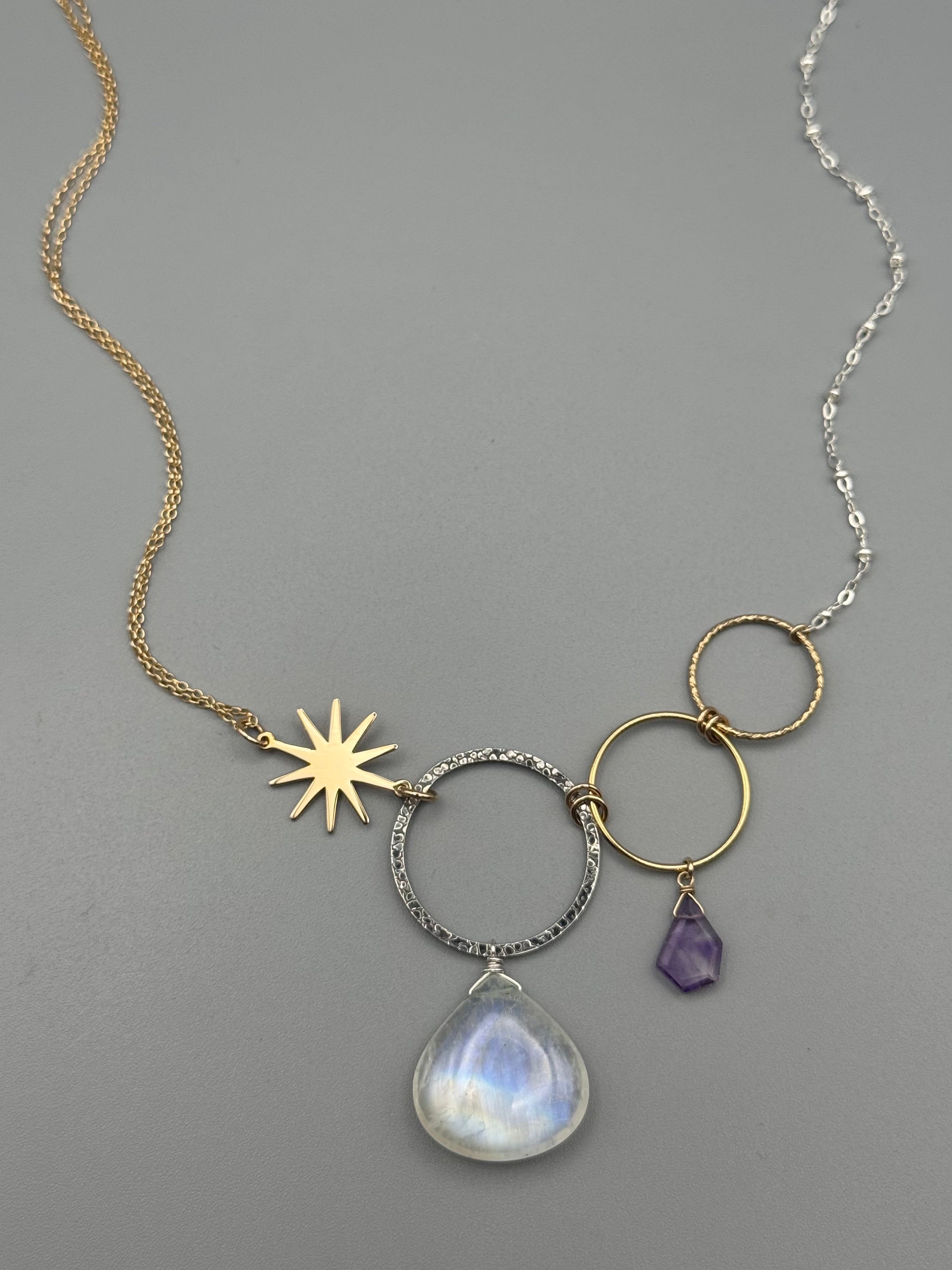•UNION• rainbow moonstone + amethyst mixed metal necklace (18"-20" long)