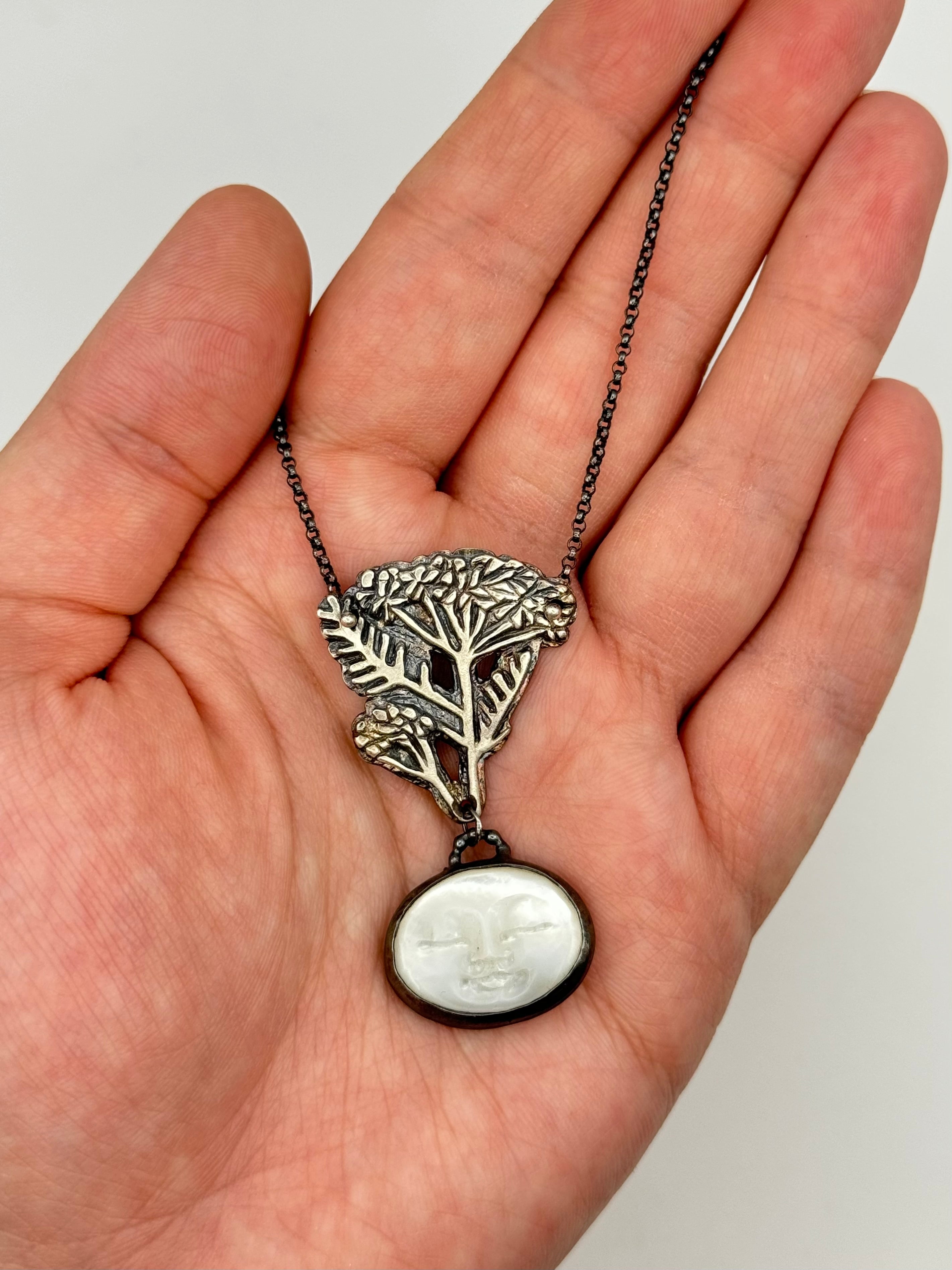 •LADY YARROW• carved mother of pearl + yarrow + silver necklace