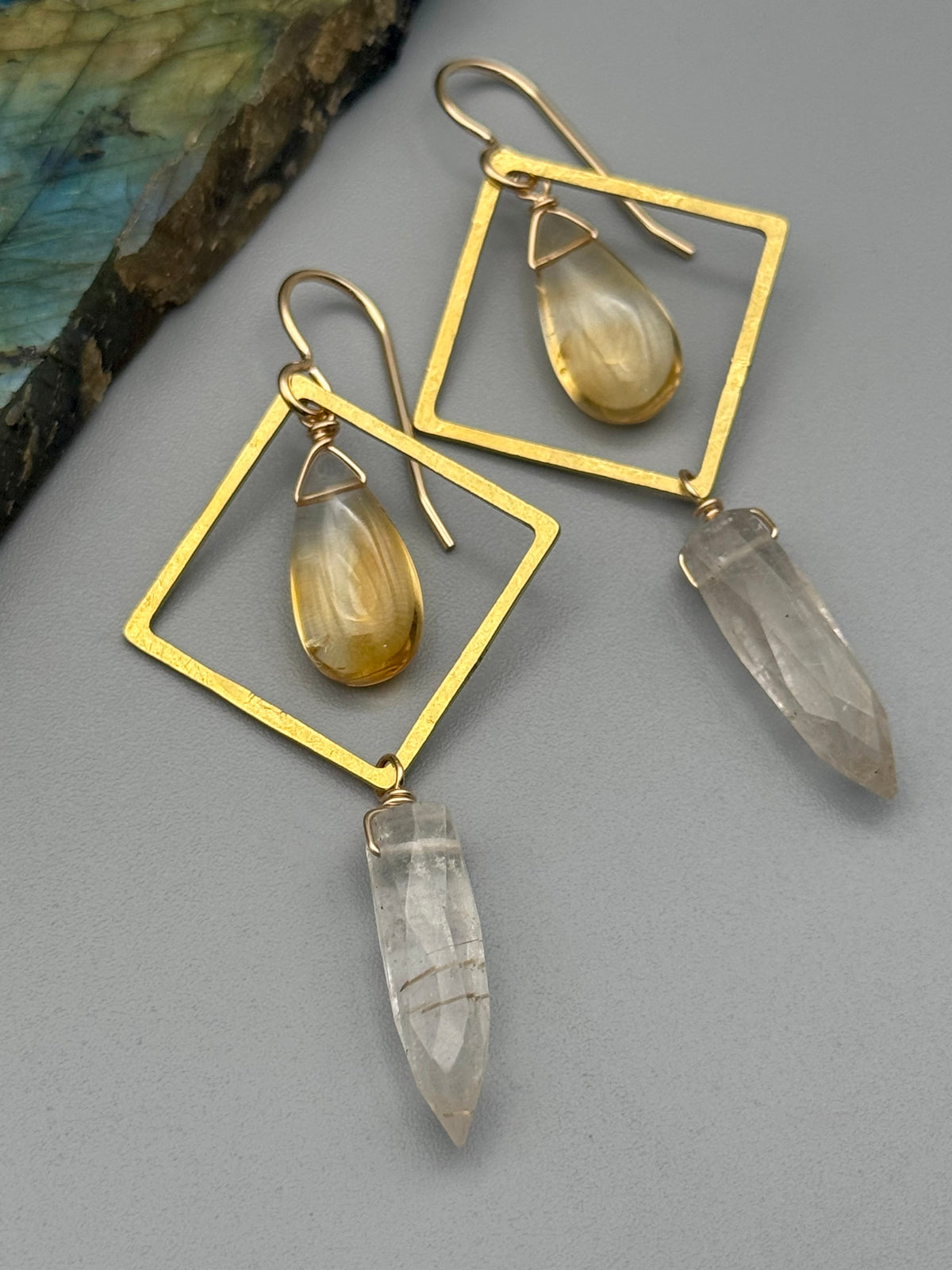 •DIAMOND DANCER• citrine + rutilated quartz gold earrings