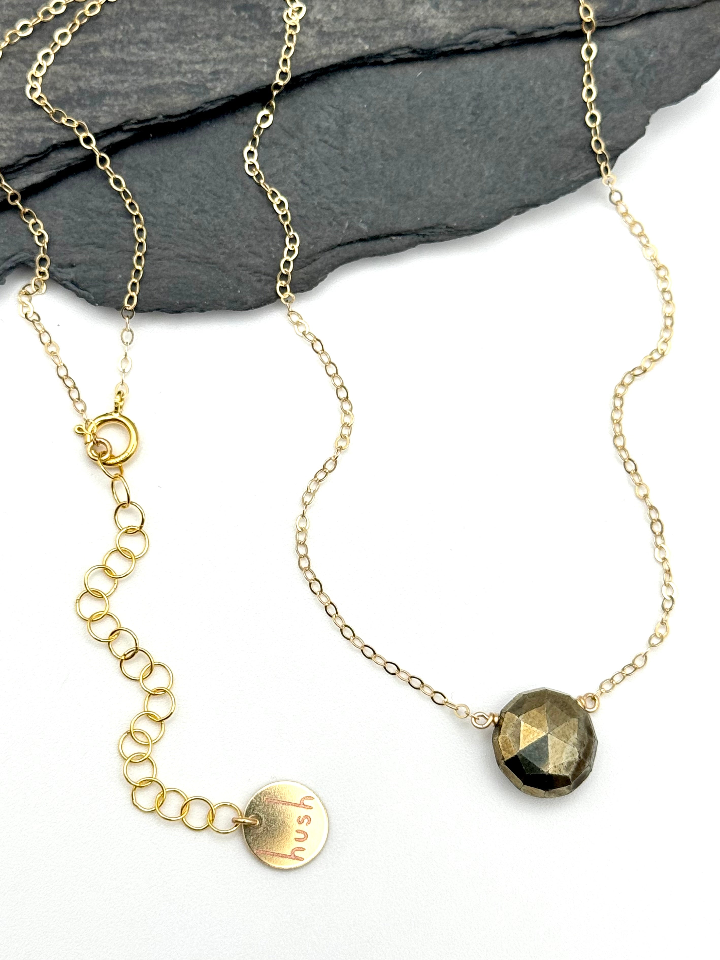 •STRAY• pyrite briolette coin + gold necklace