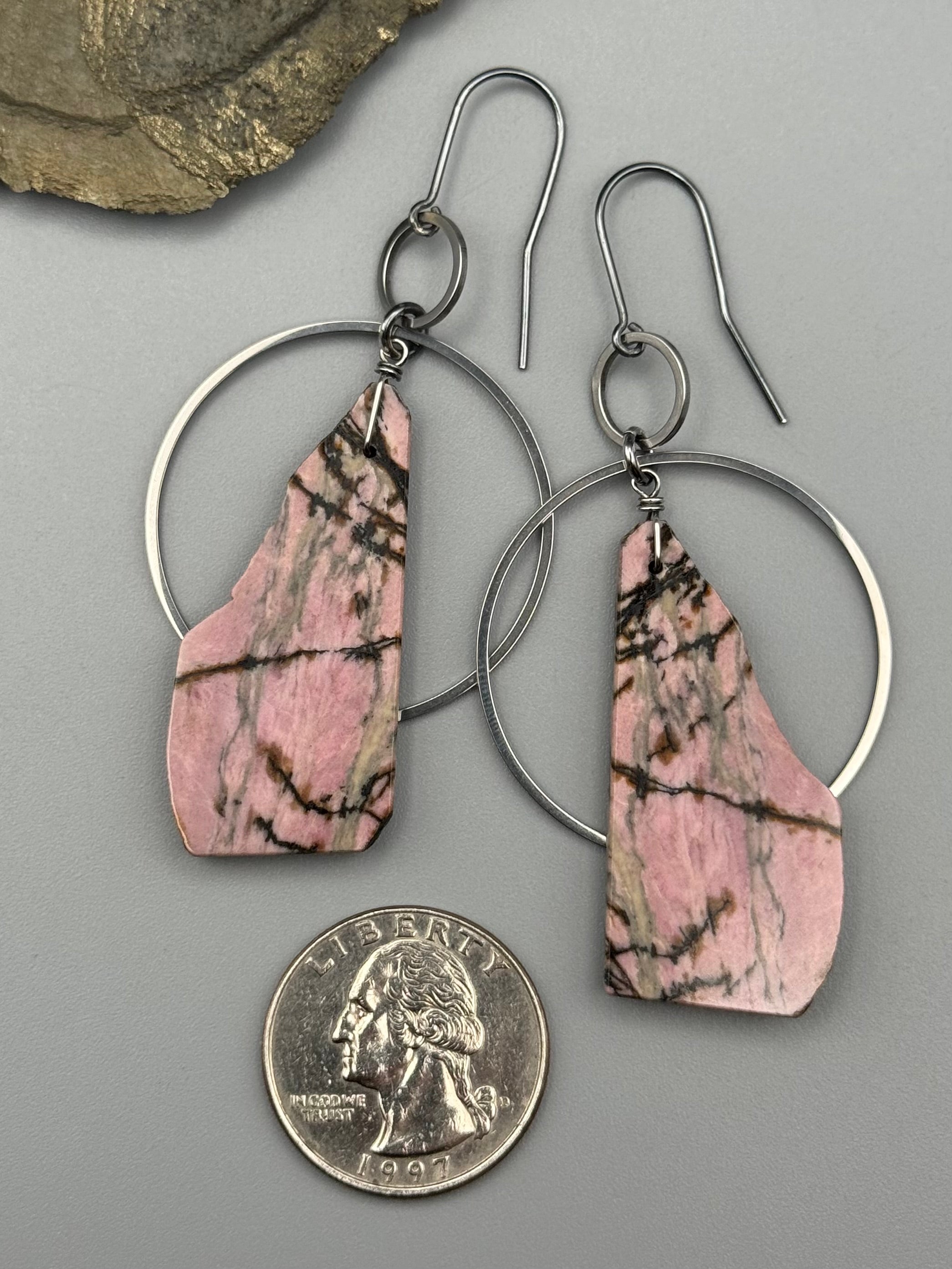 •EQUA-ORBIT• rhodonite slab + silver earrings