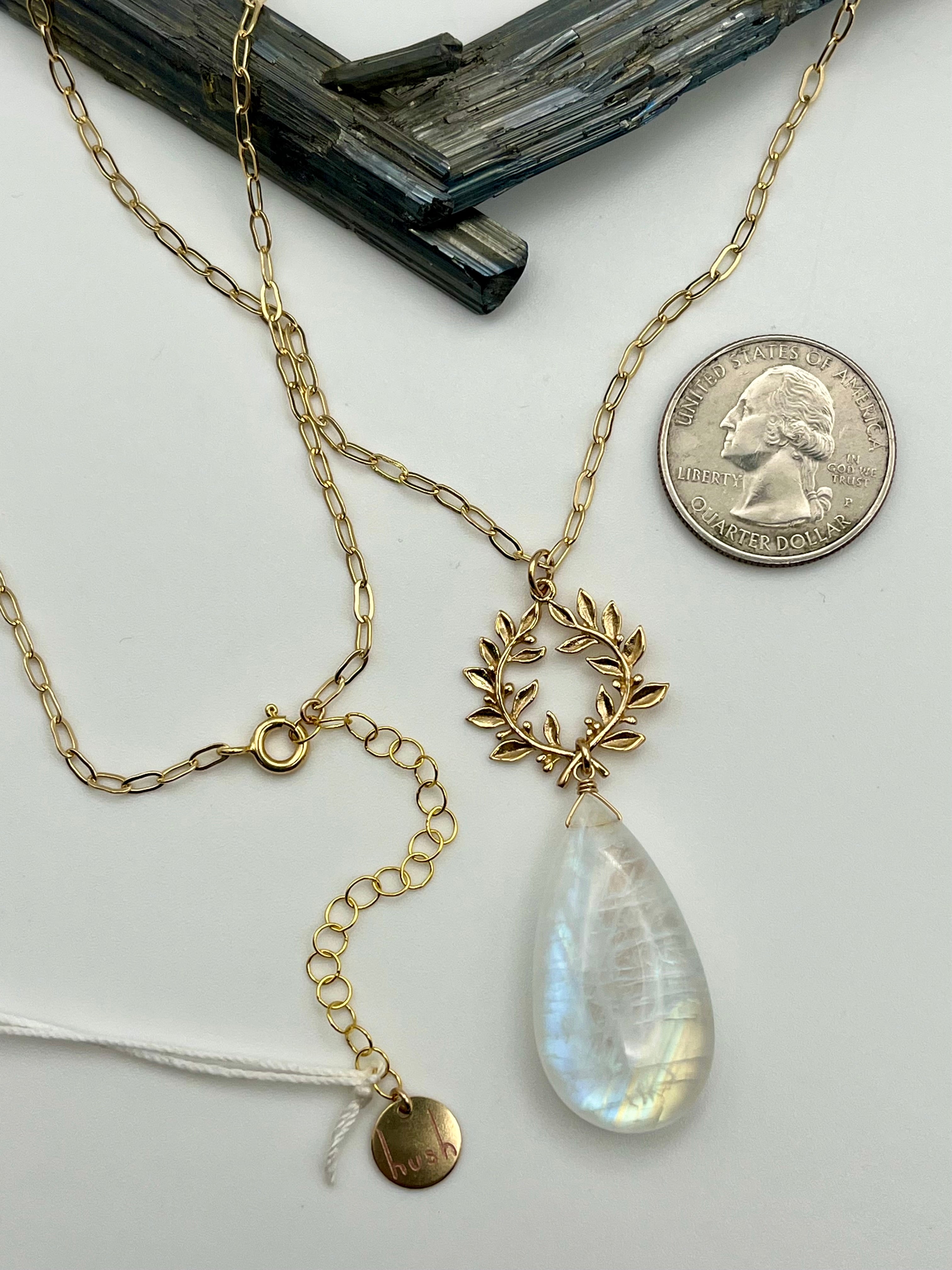 •ALCHEMY• rainbow moonstone + laurel leaves mixed metal necklace (26"-28" long)