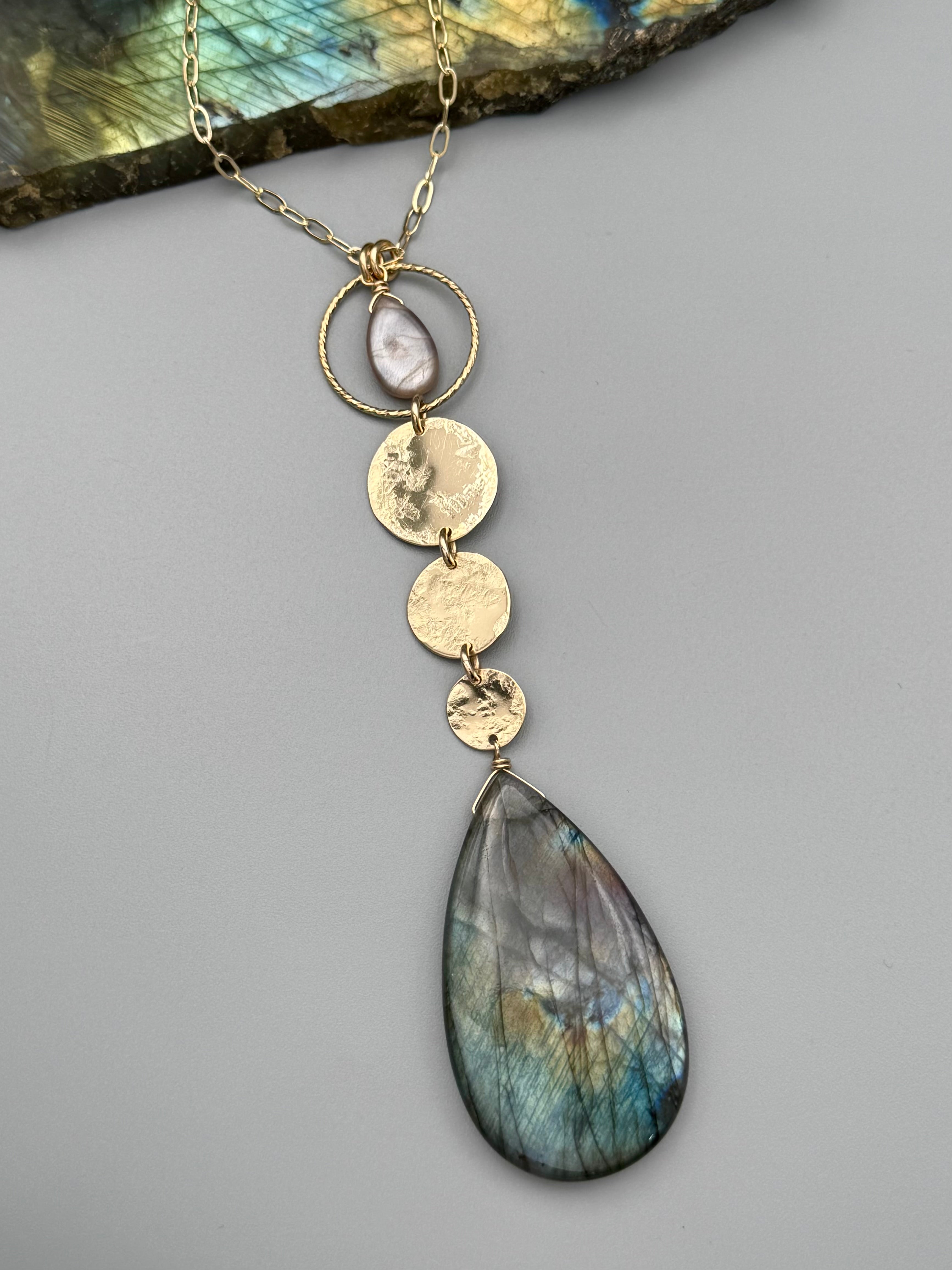 •NYX• mauve moonstone + labradorite gold necklace (26"-28" long)