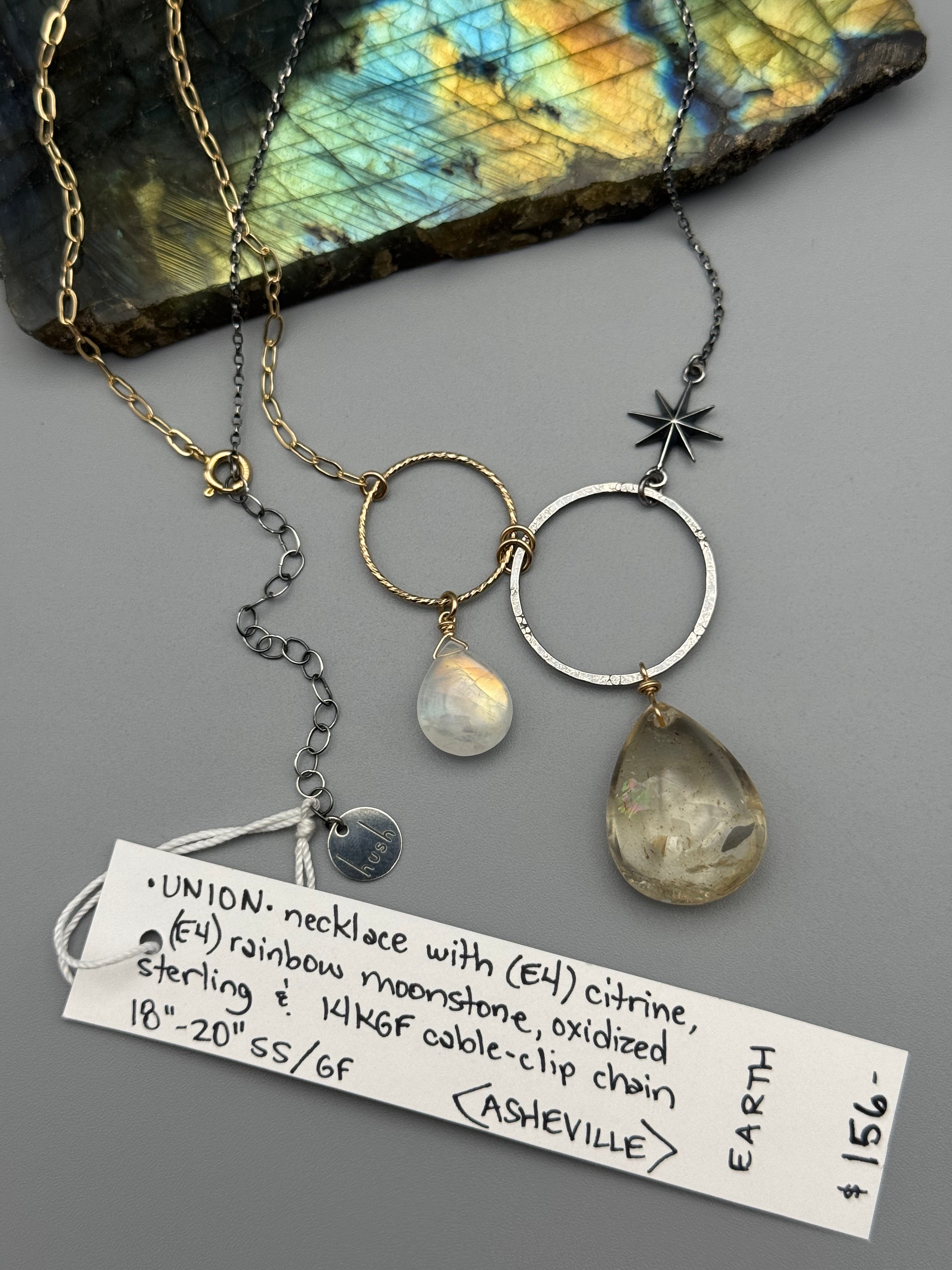 •UNION• rainbow moonstone + citrine mixed metal necklace (18"-20" long)