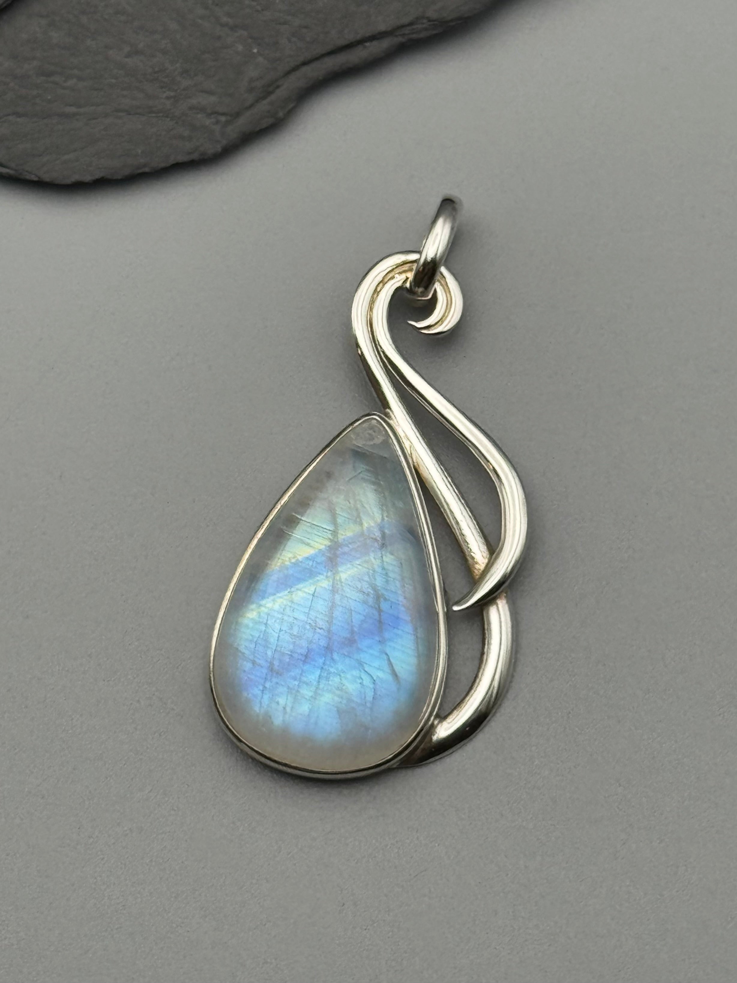 •RAINBOW MOONSTONE TEAR - MEDIUM FLOURISH• sterling silver pendant