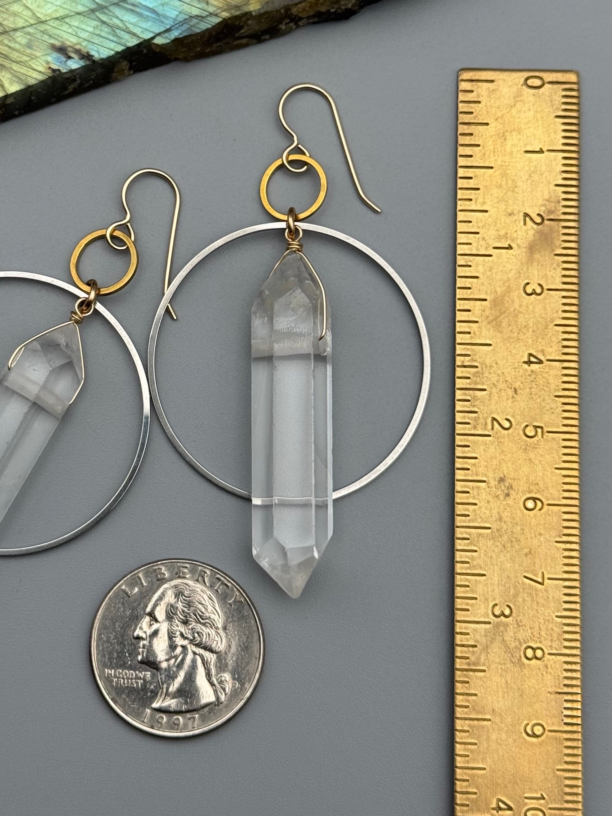 •EQUA-ORBIT• double terminated quartz + mixed metal earrings