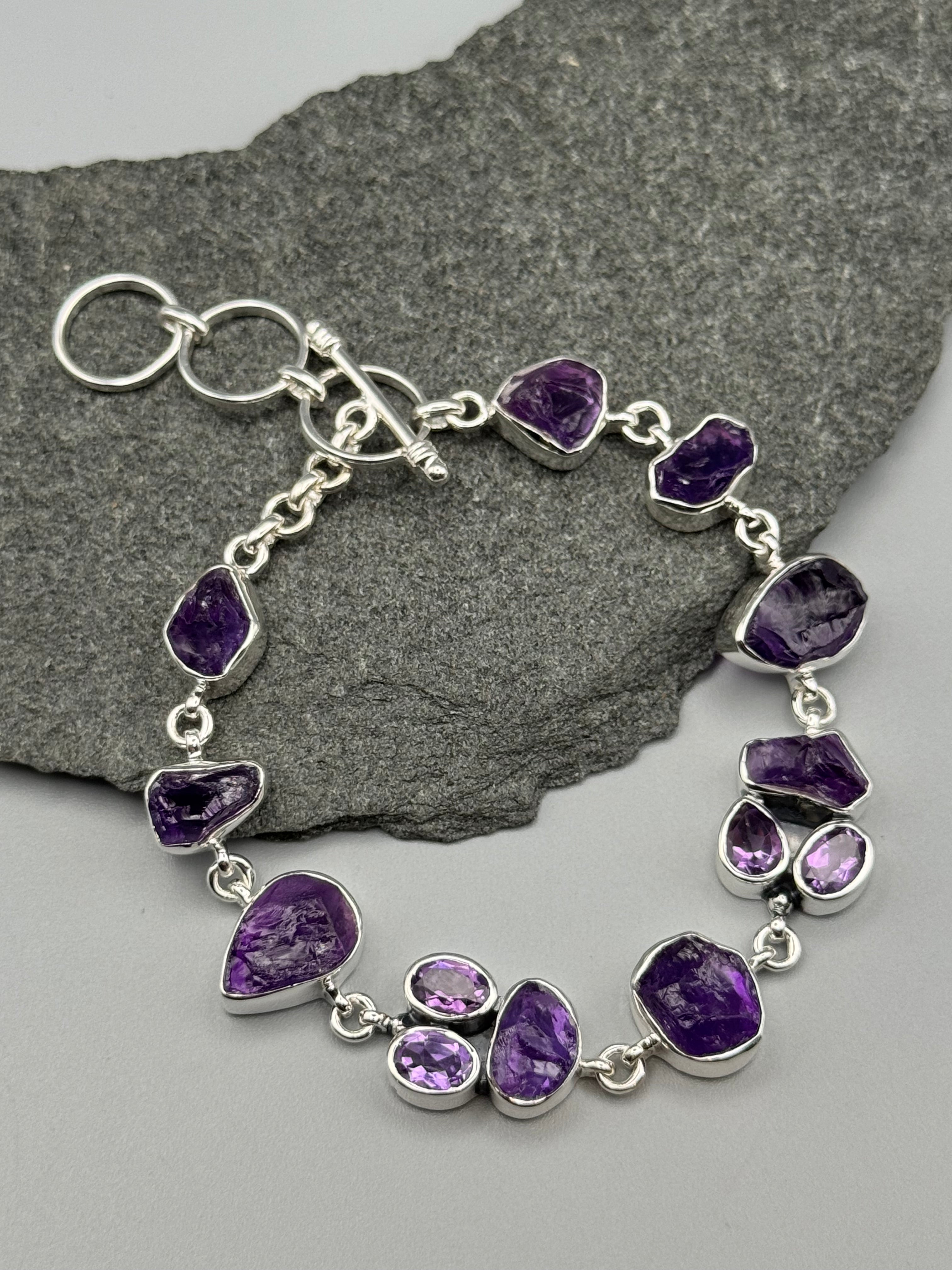 •AMETHYST - CLUSTER• linked silver bracelet (7.25" - 8.5")