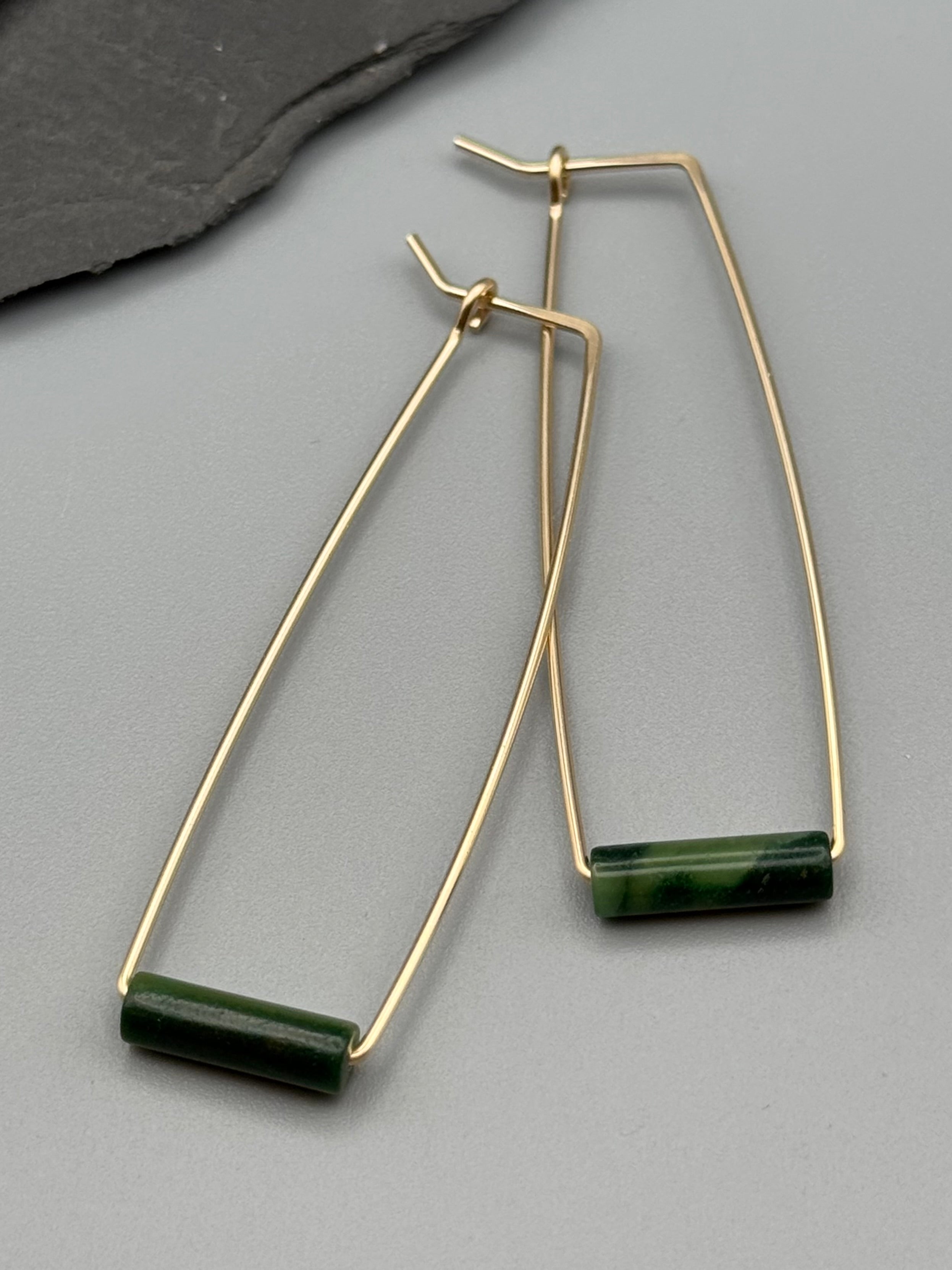•RECTANGLE TUBE HOOP• jade + gold earrings