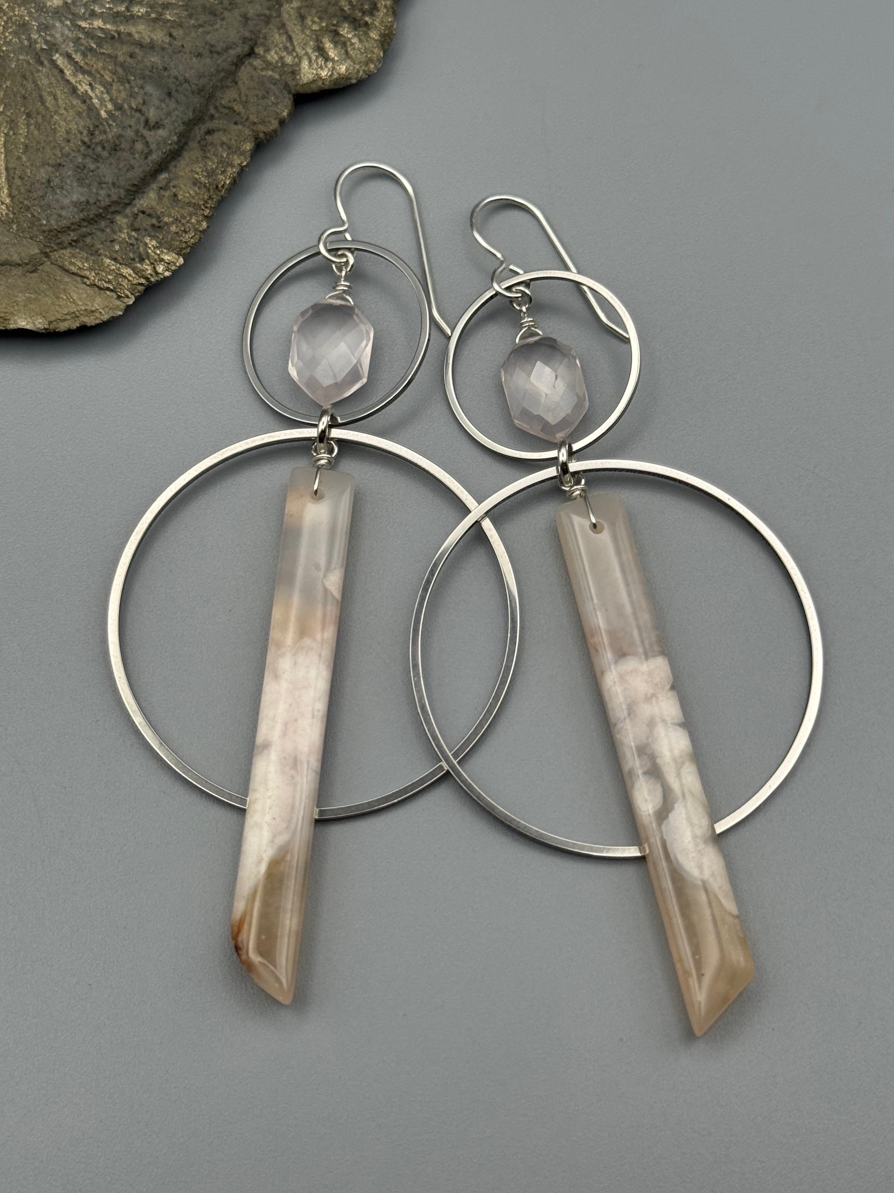 •EQUA-ORBIT• rose quartz + cherry blossom agate silver earrings