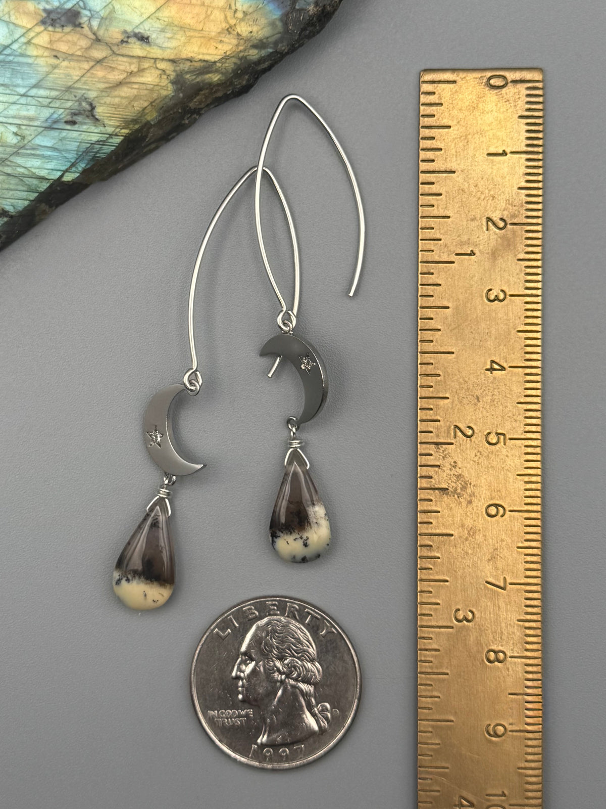 •CRYSTAL CRESCENT• dendritic opal tear + silver earrings