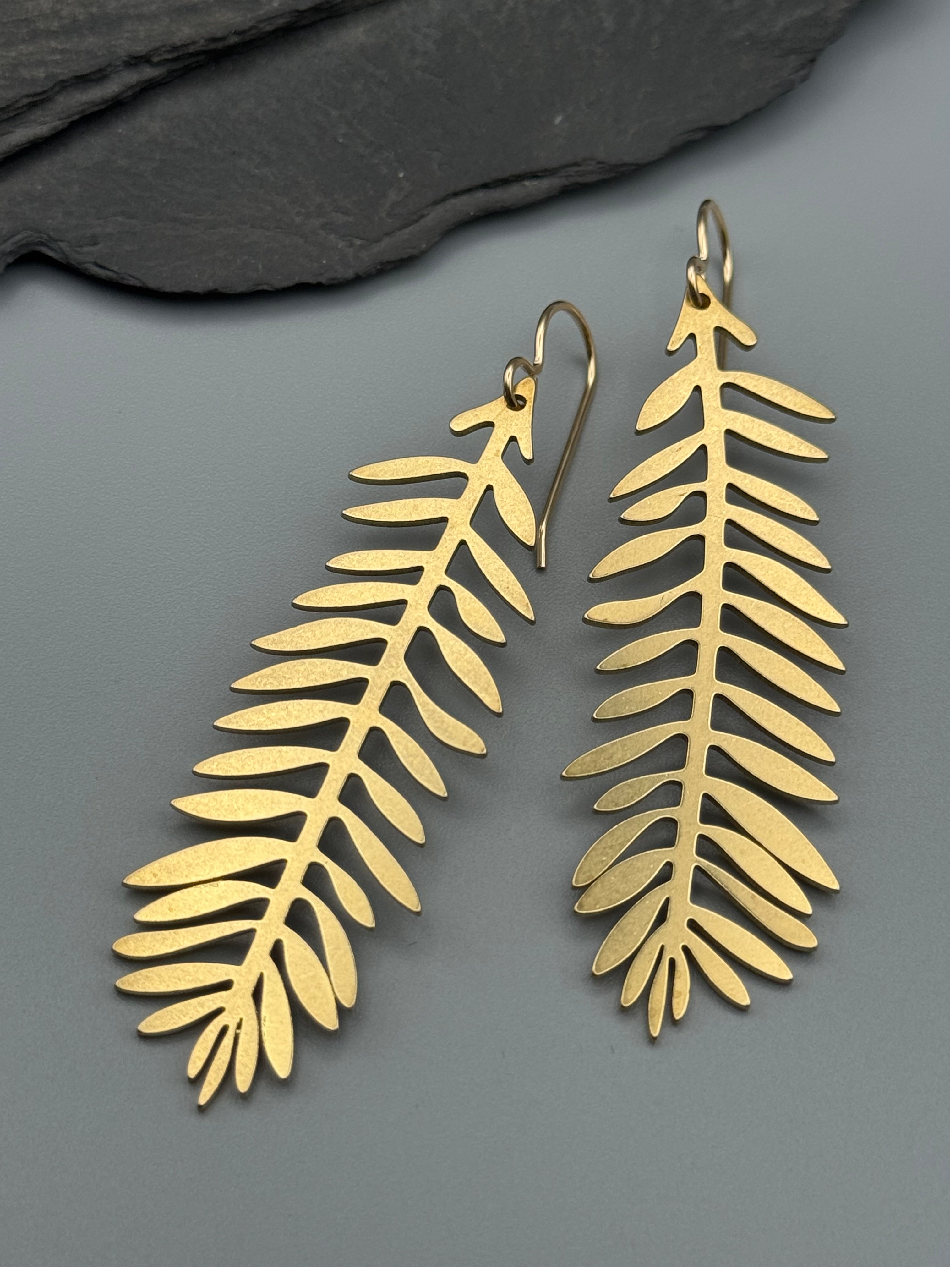 •LONG FERN• gold dangle earrings