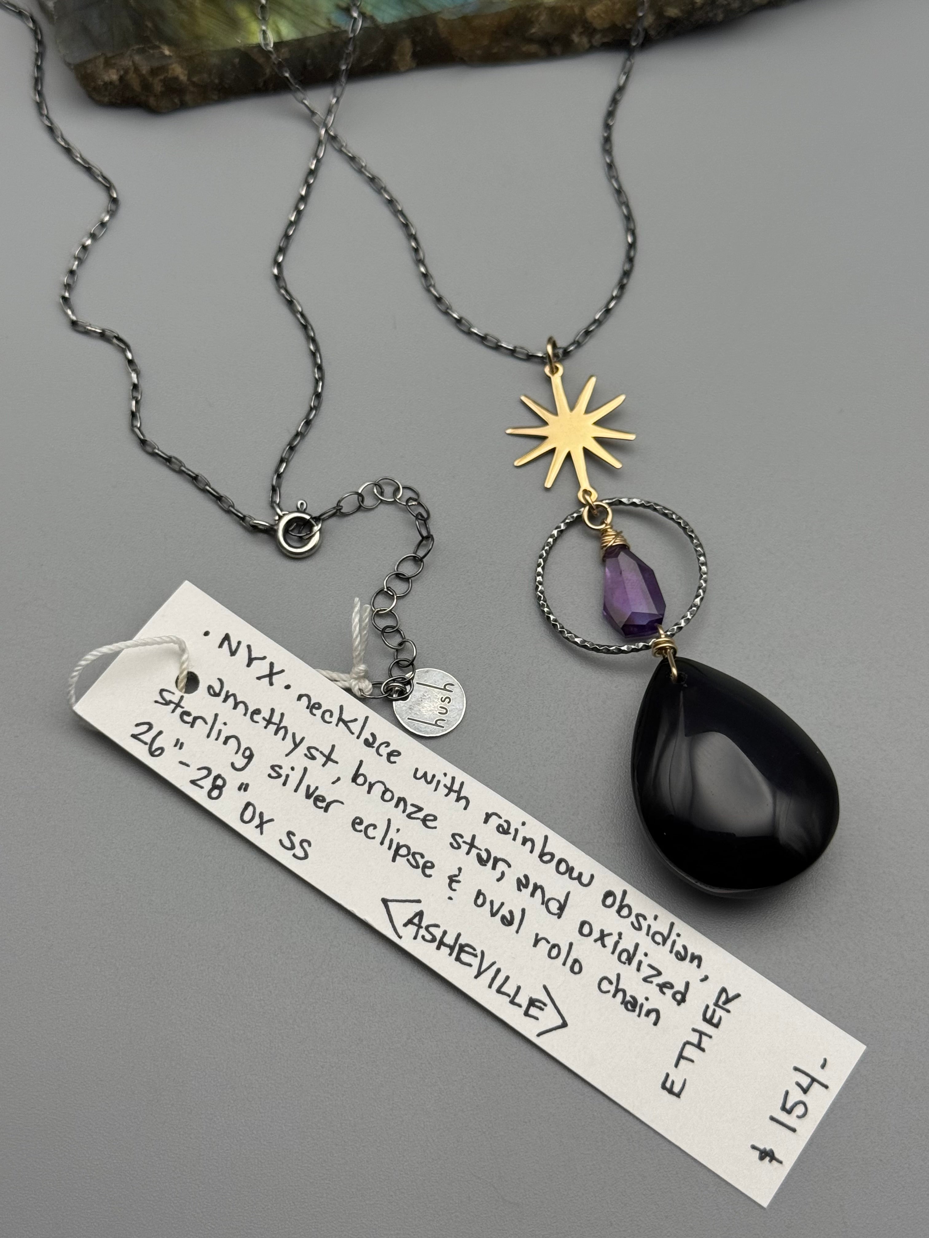 •NYX• rainbow obsidian + amethyst mixed metal necklace (26"-28" long)