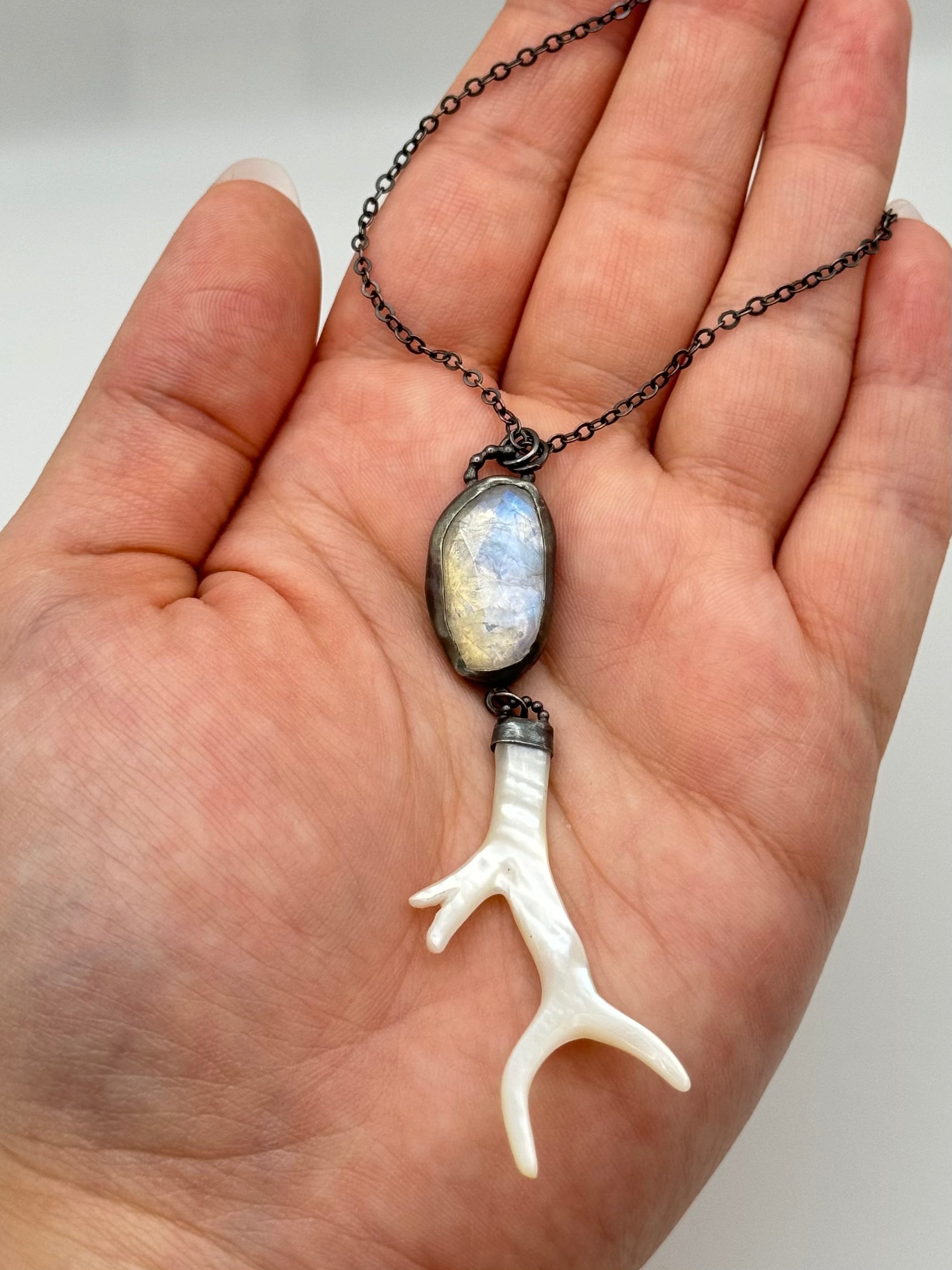 •MYSTIC BRANCH• rainbow moonstone + carved mother of pearl  + silver necklace (18" long)