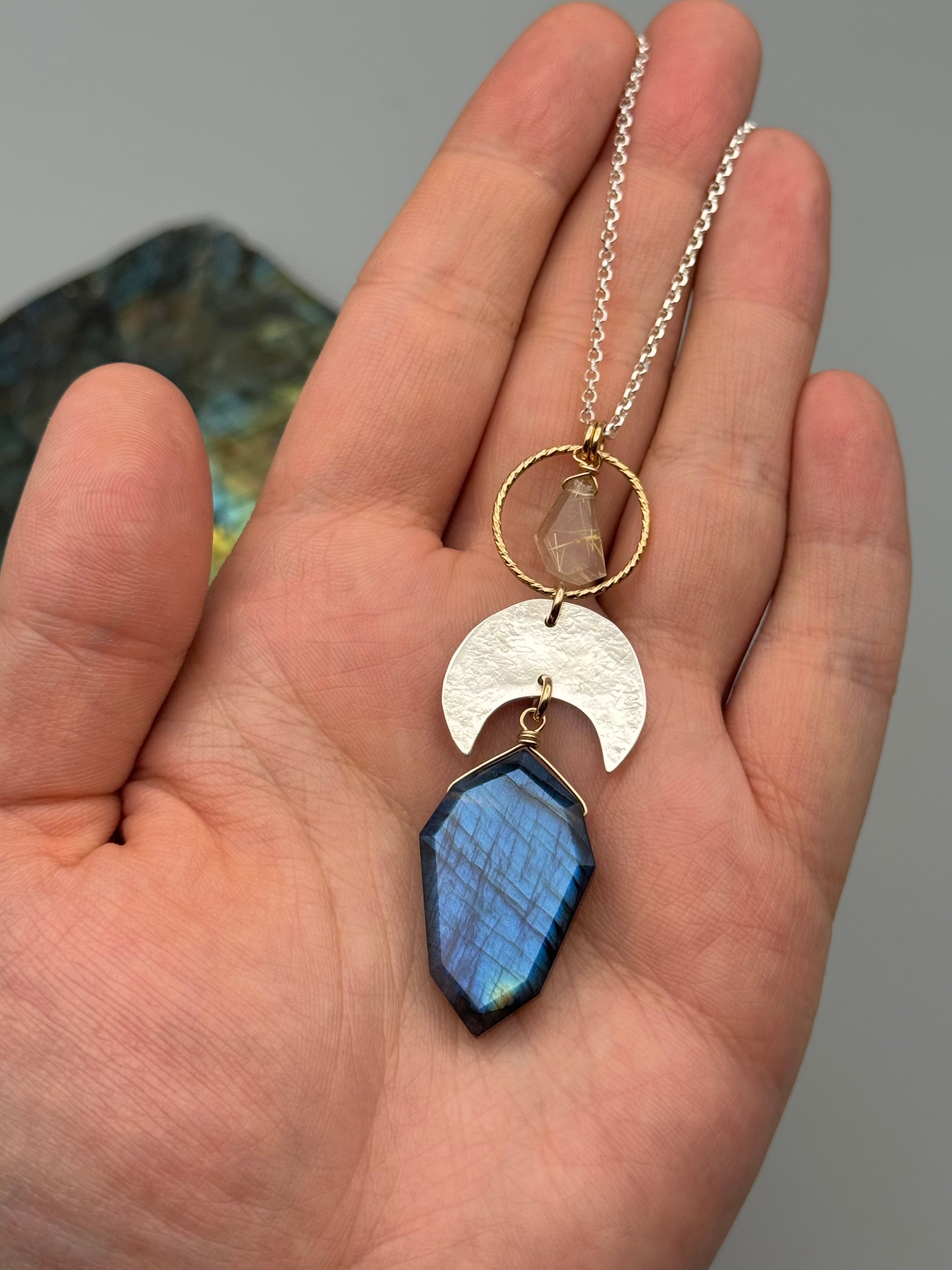 •NYX• rutilated quartz + labradorite mixed metal necklace (18"-20" long)