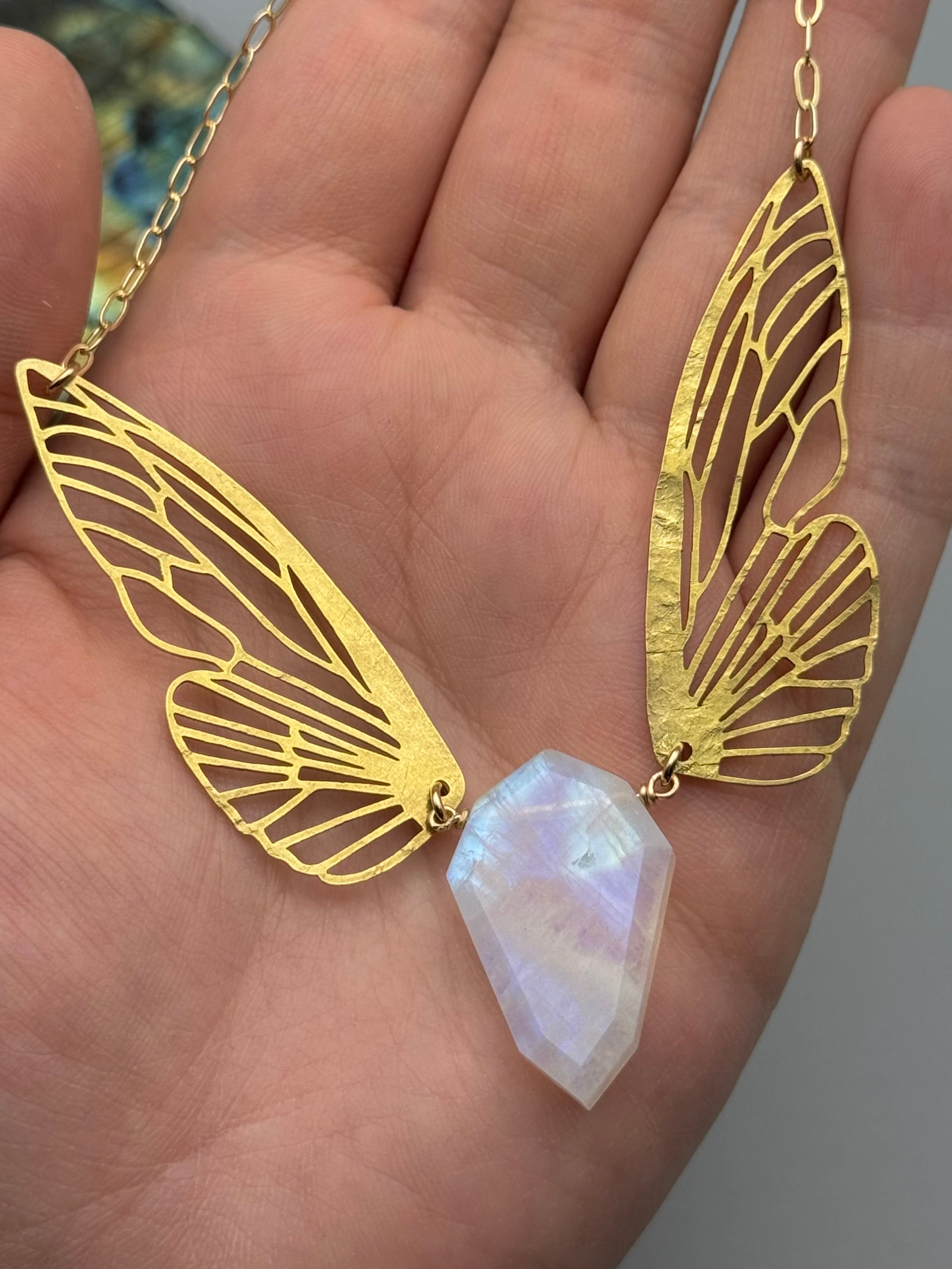 •METAMORPH• rainbow moonstone petal + gold necklace (16"-18" long)