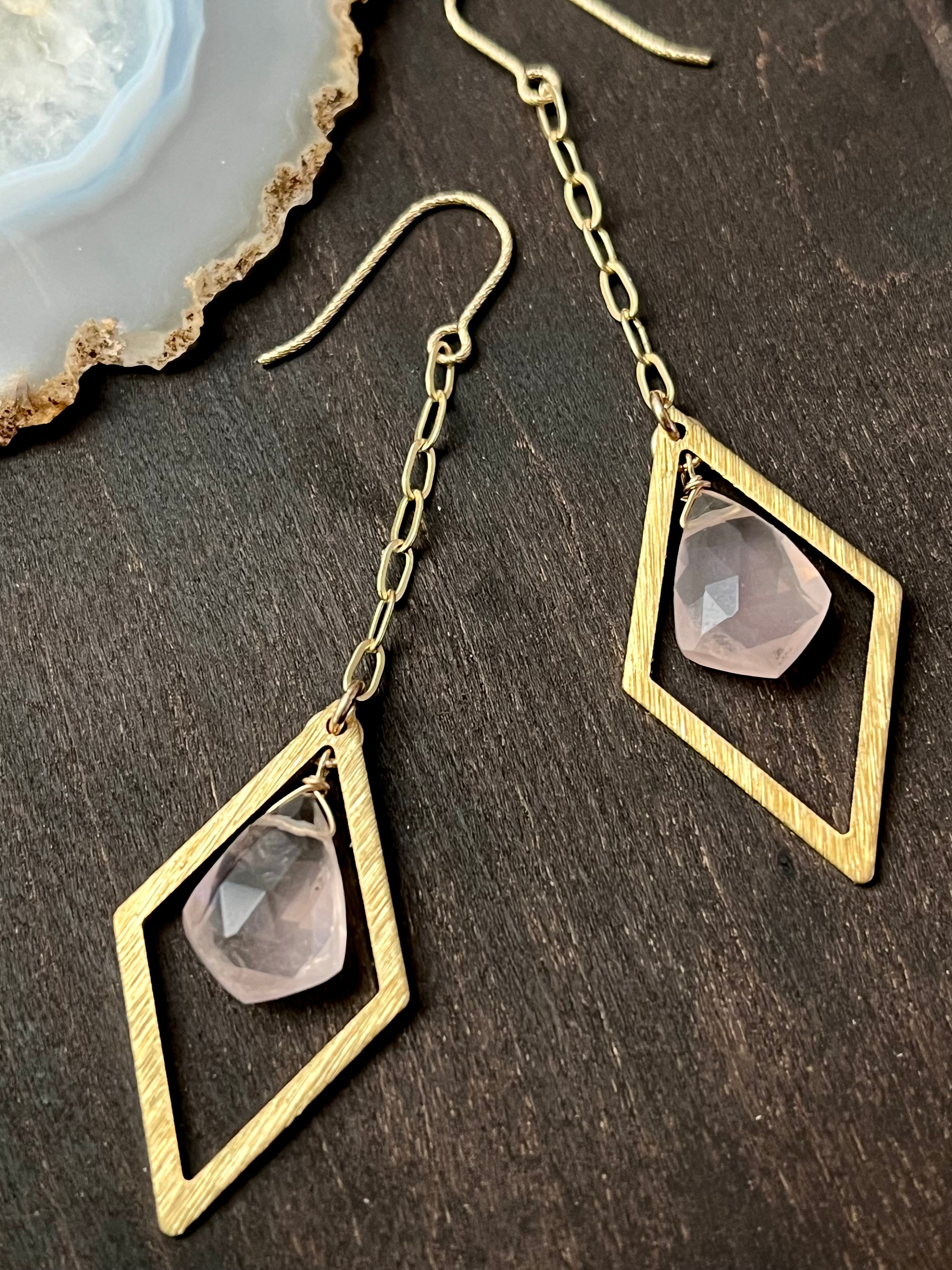 •DIAMOND DANCER• rose quartz + gold dangle earrings