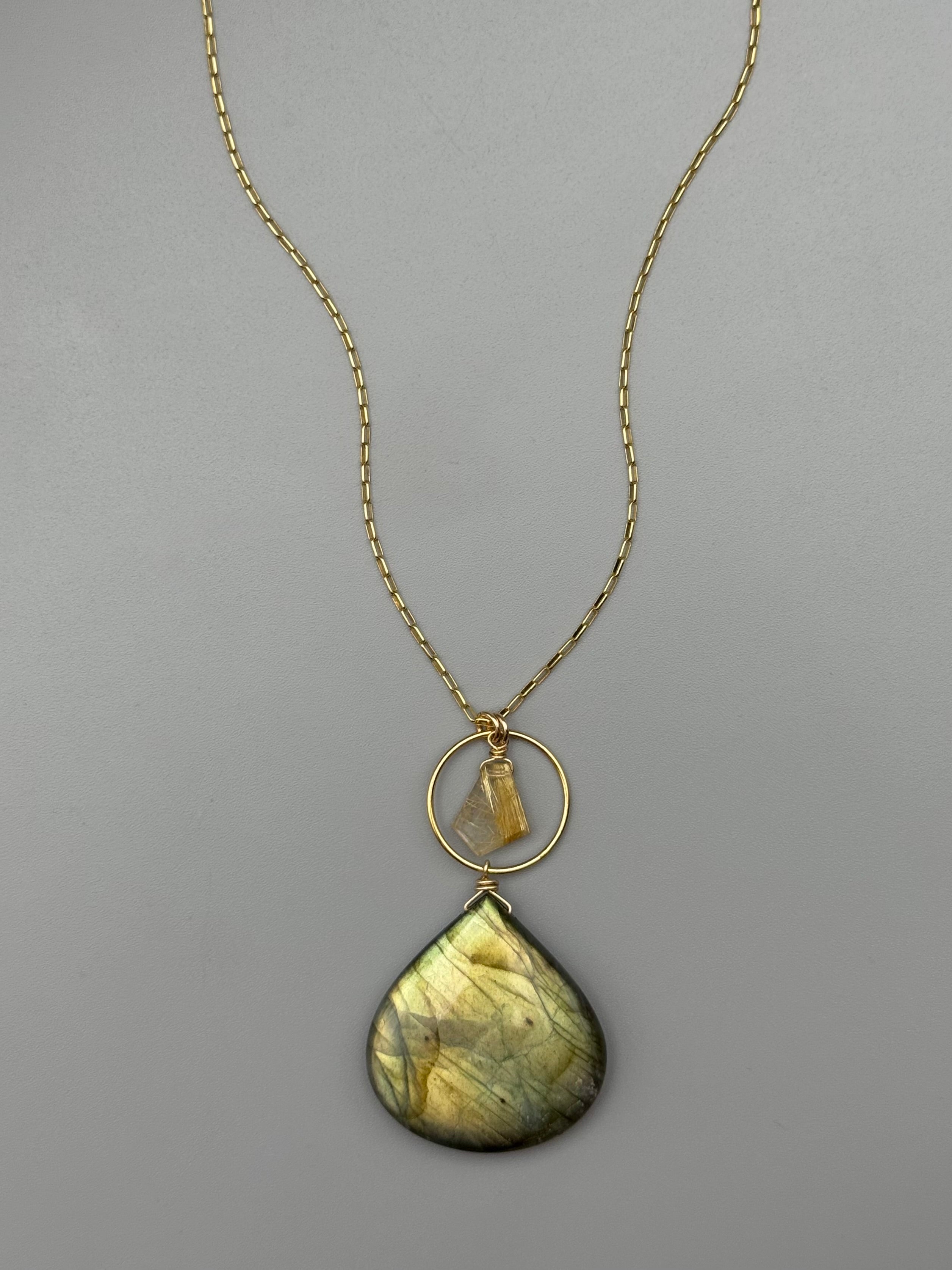 •LUNA• rutilated quartz + labradorite gold necklace (18"-20" long)