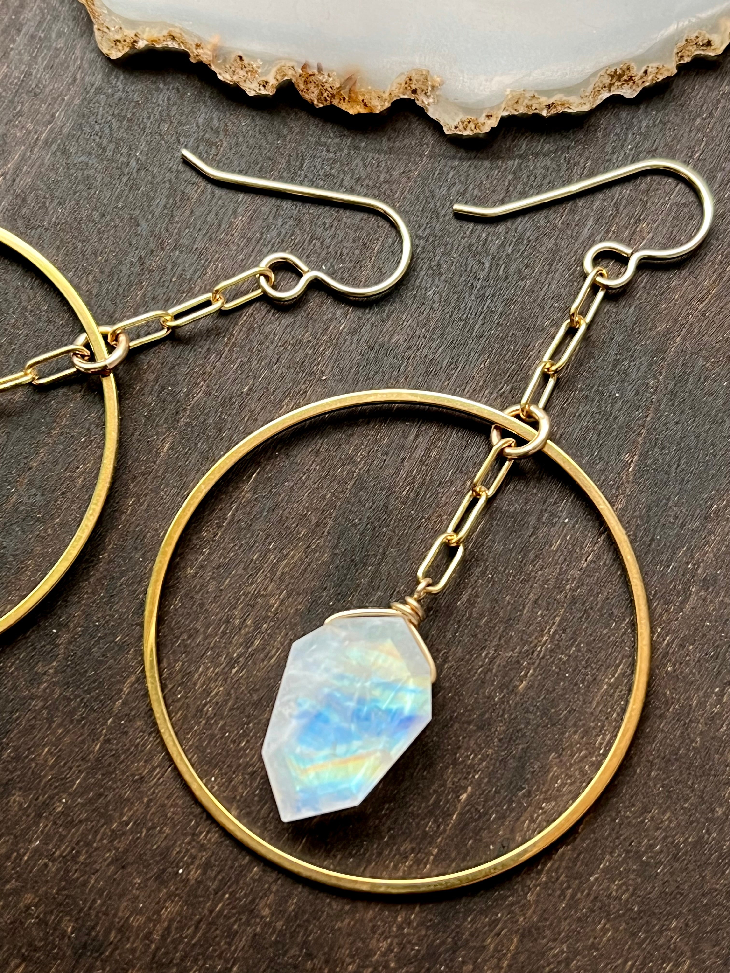 •ECLIPSE SWING• rainbow moonstone + gold dangle earrings