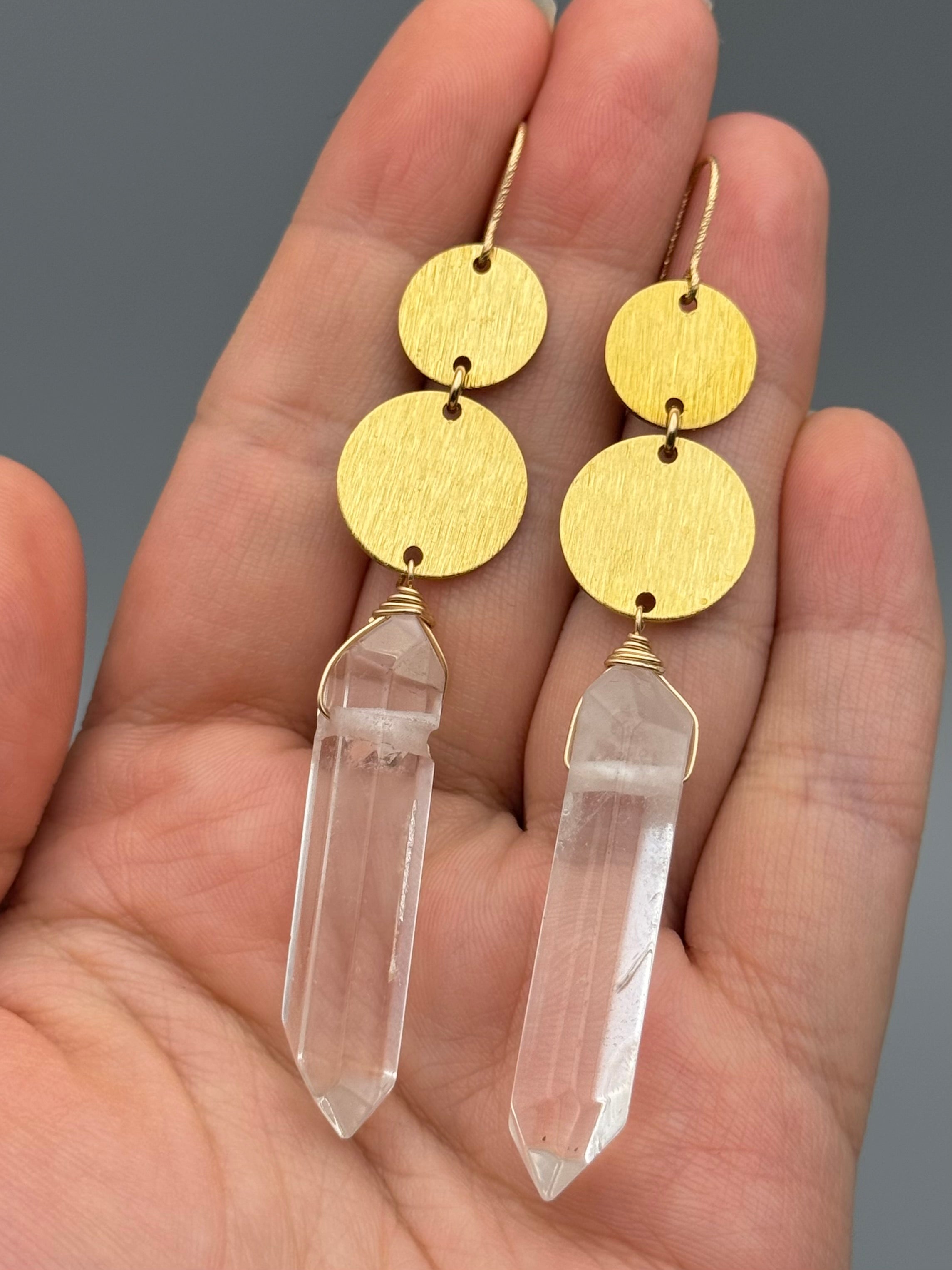 •MOON STACK• double terminated quartz + gold earrings