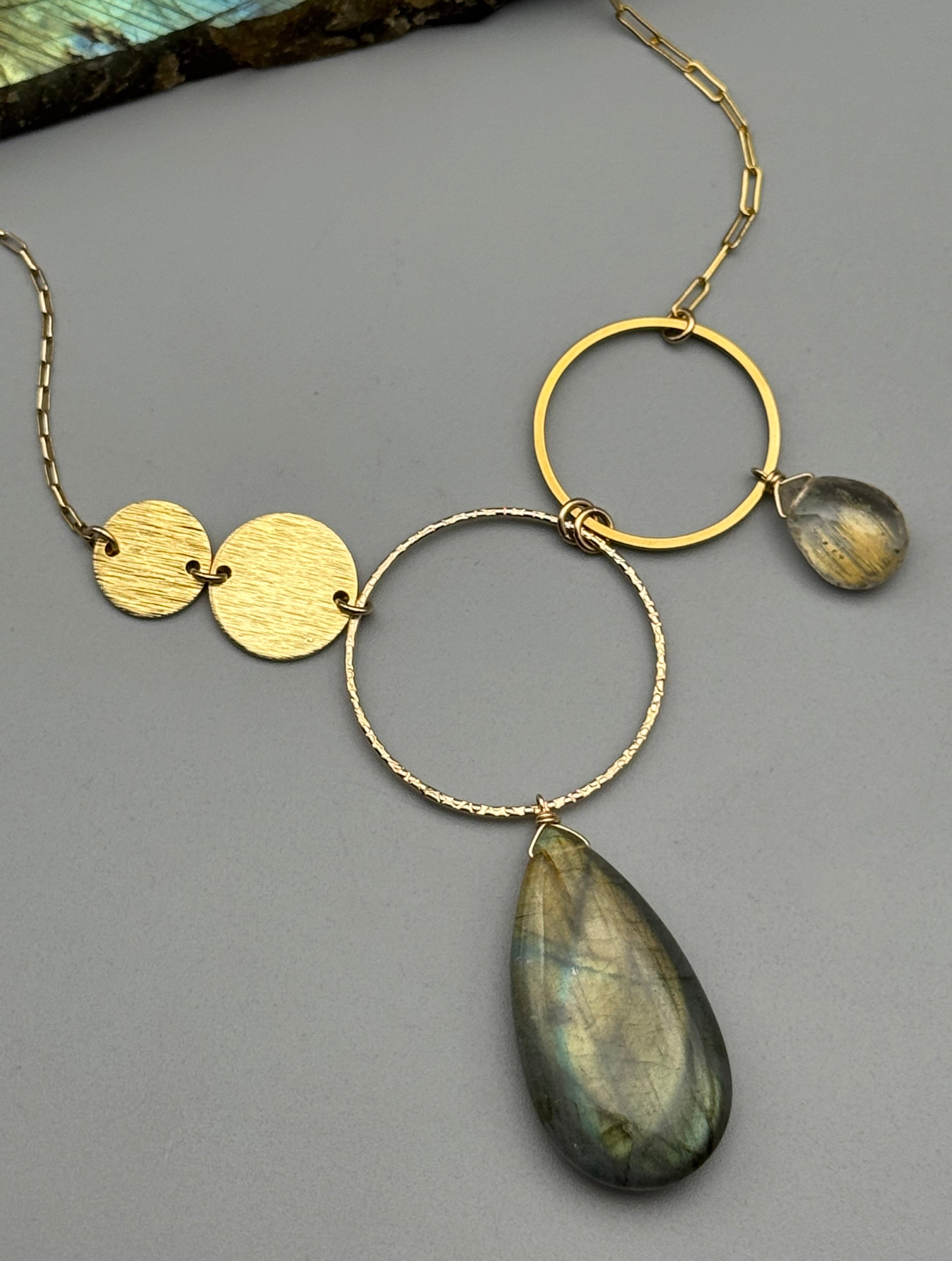 •UNION• rutilated quartz + labradorite gold necklace (16"-18" long)