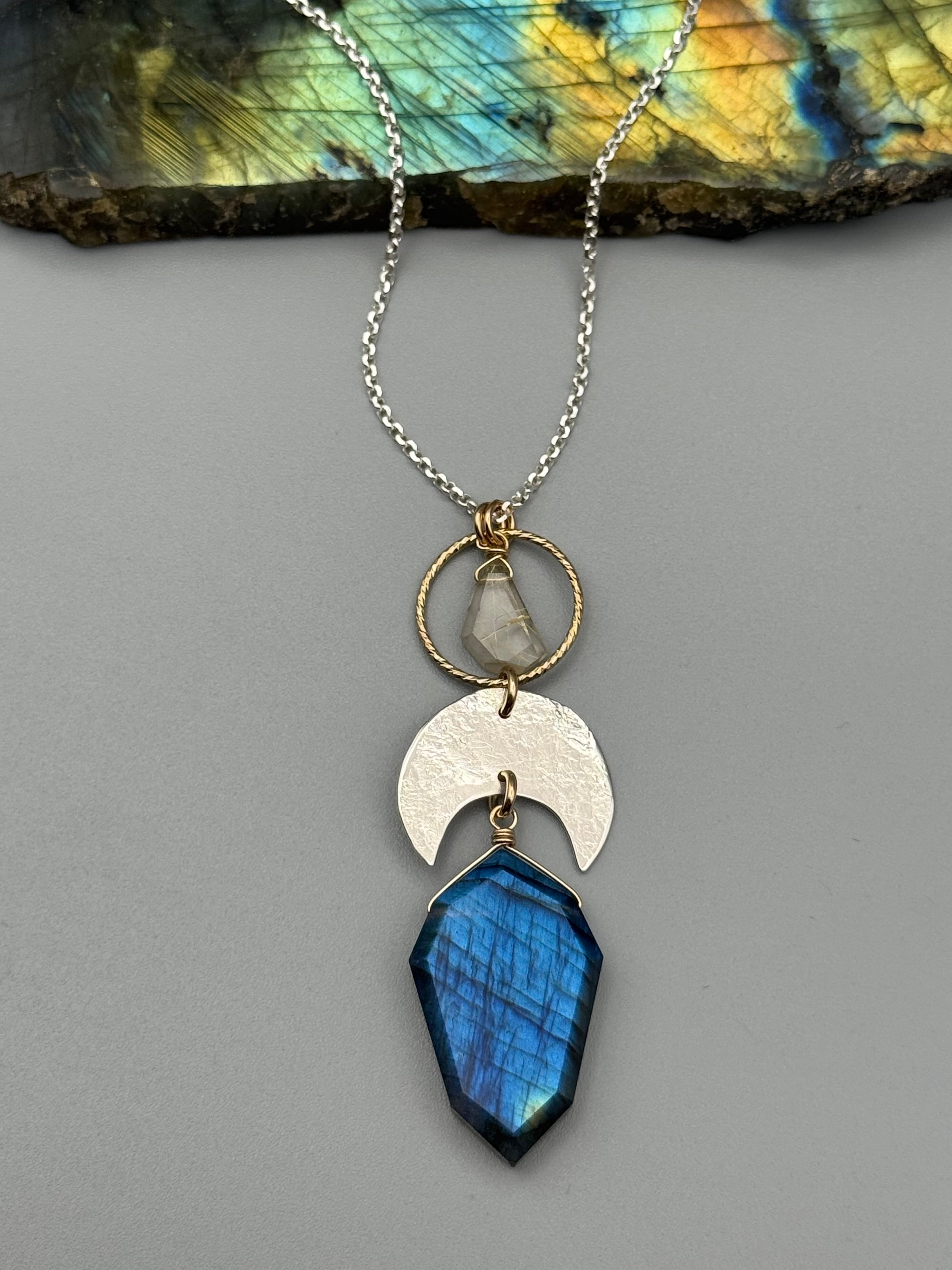 •NYX• rutilated quartz + labradorite mixed metal necklace (18"-20" long)