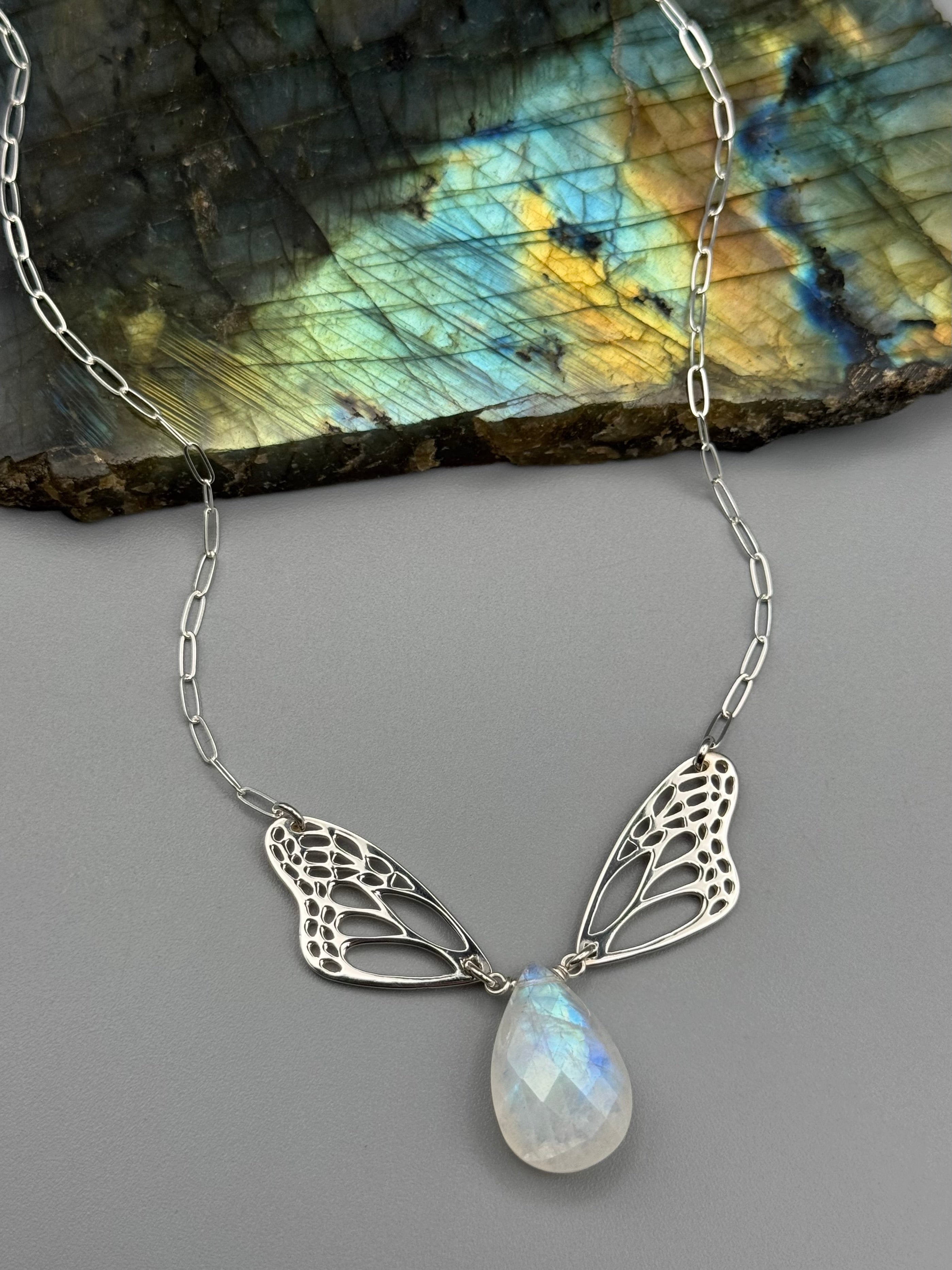 •METAMORPH• rainbow moonstone tear + silver necklace (16"-18" long)