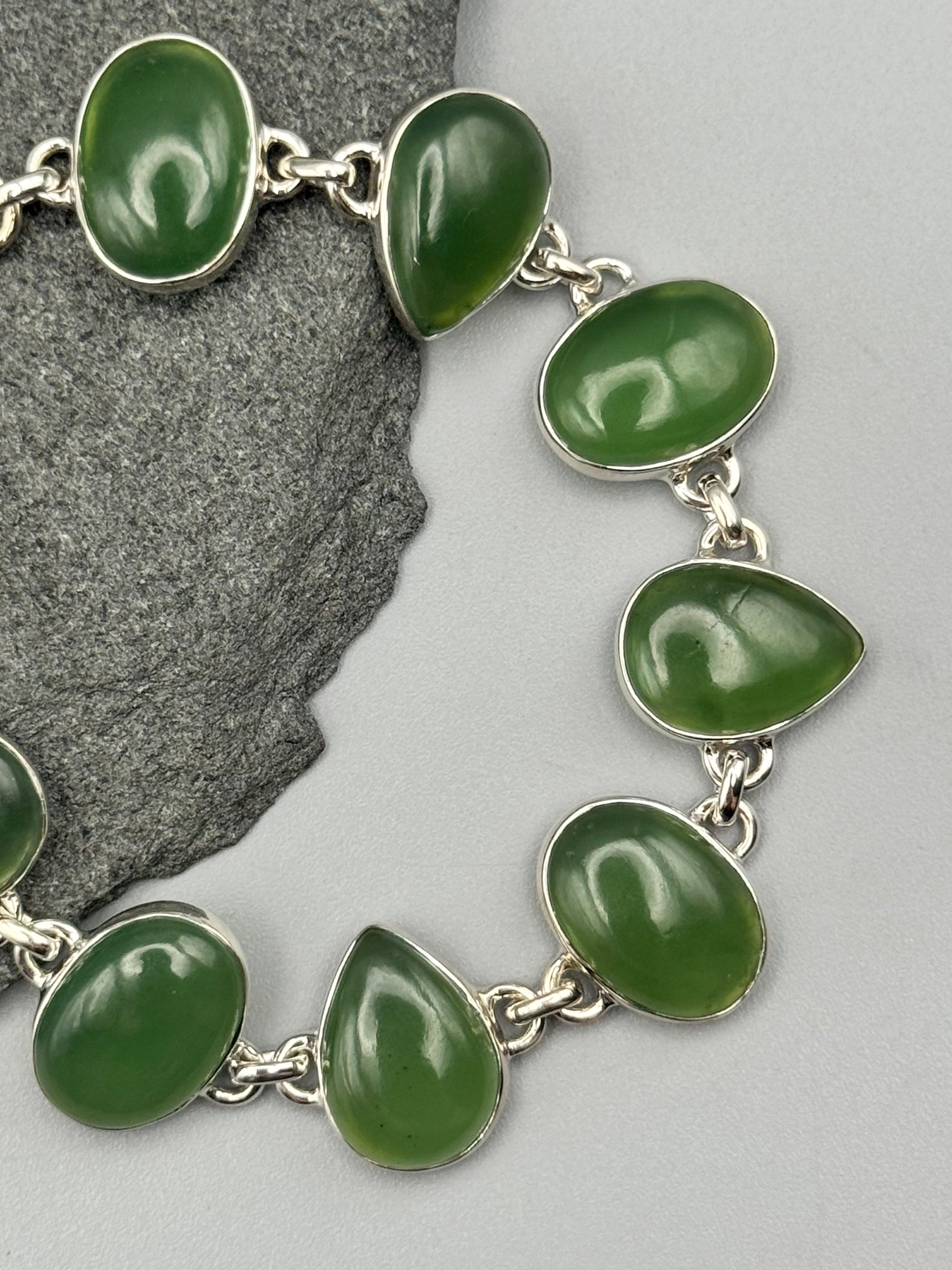 •NEPHRITE JADE - GEO MIX• linked silver bracelet (7" - 8.25")