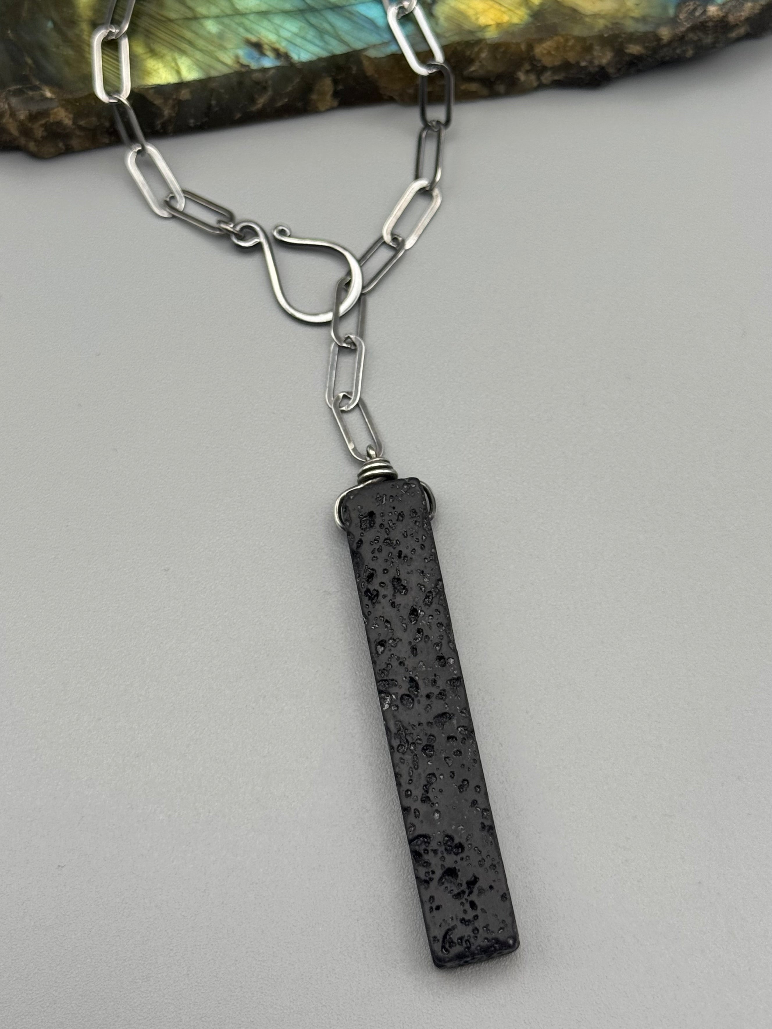 •LINKED• black lava + silver necklace (ADJ to 19")