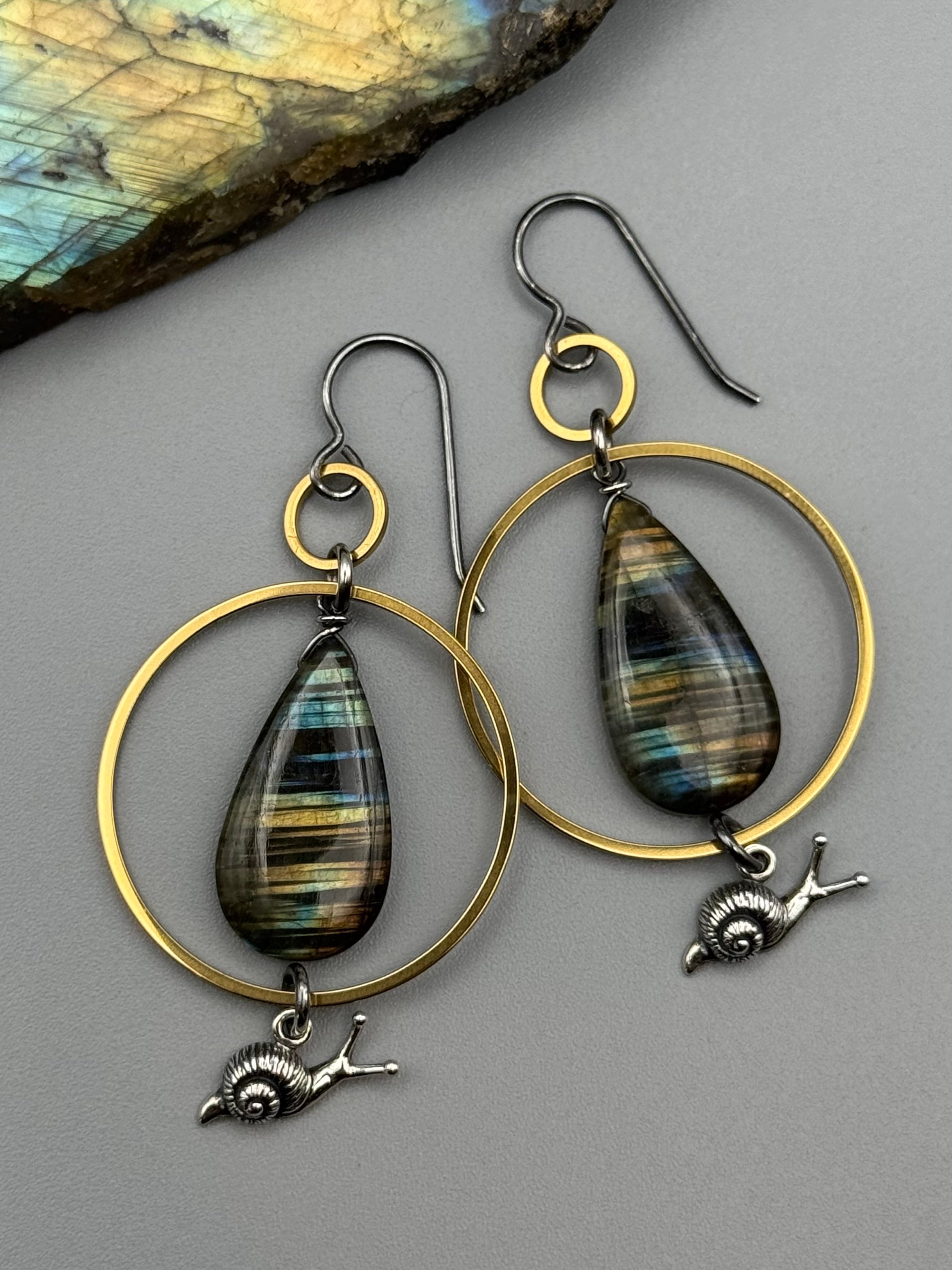 •LINGER• labradorite tear + mixed metal earrings