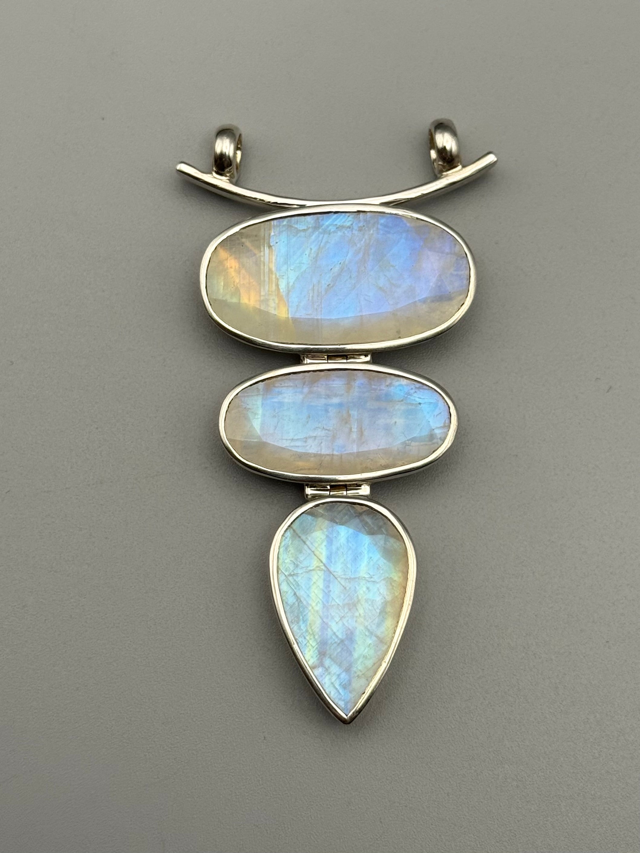 •FACETED RAINBOW MOONSTONE - HINGED TRIO• sterling silver pendant