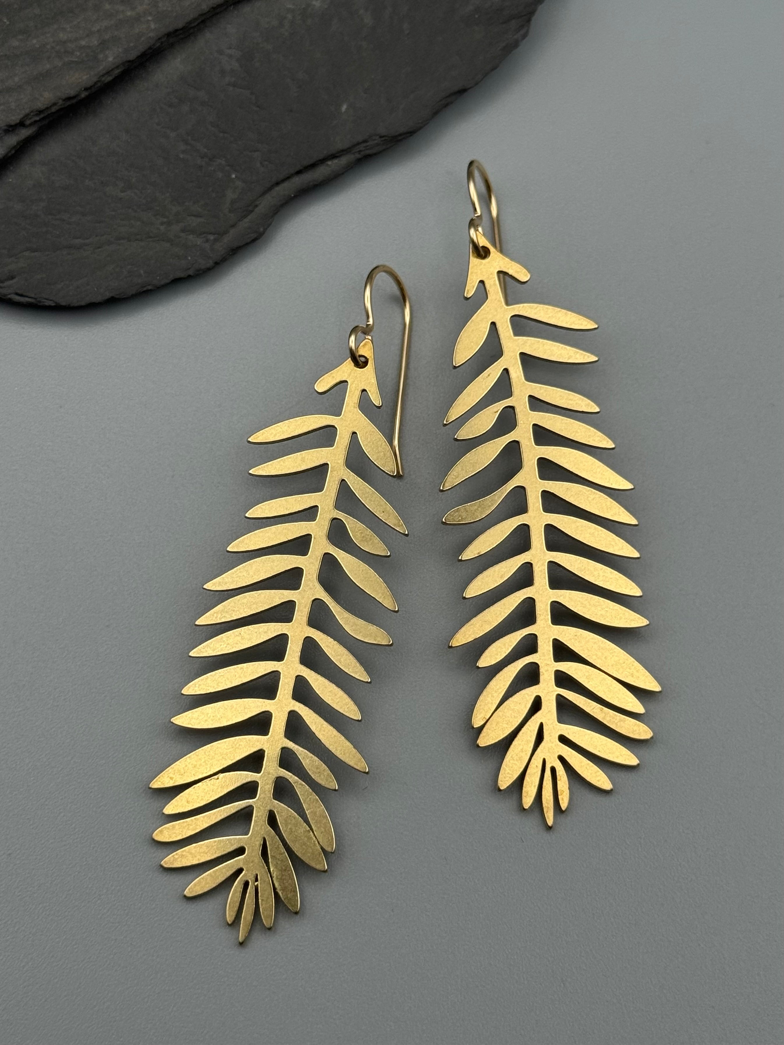 •LONG FERN• gold dangle earrings