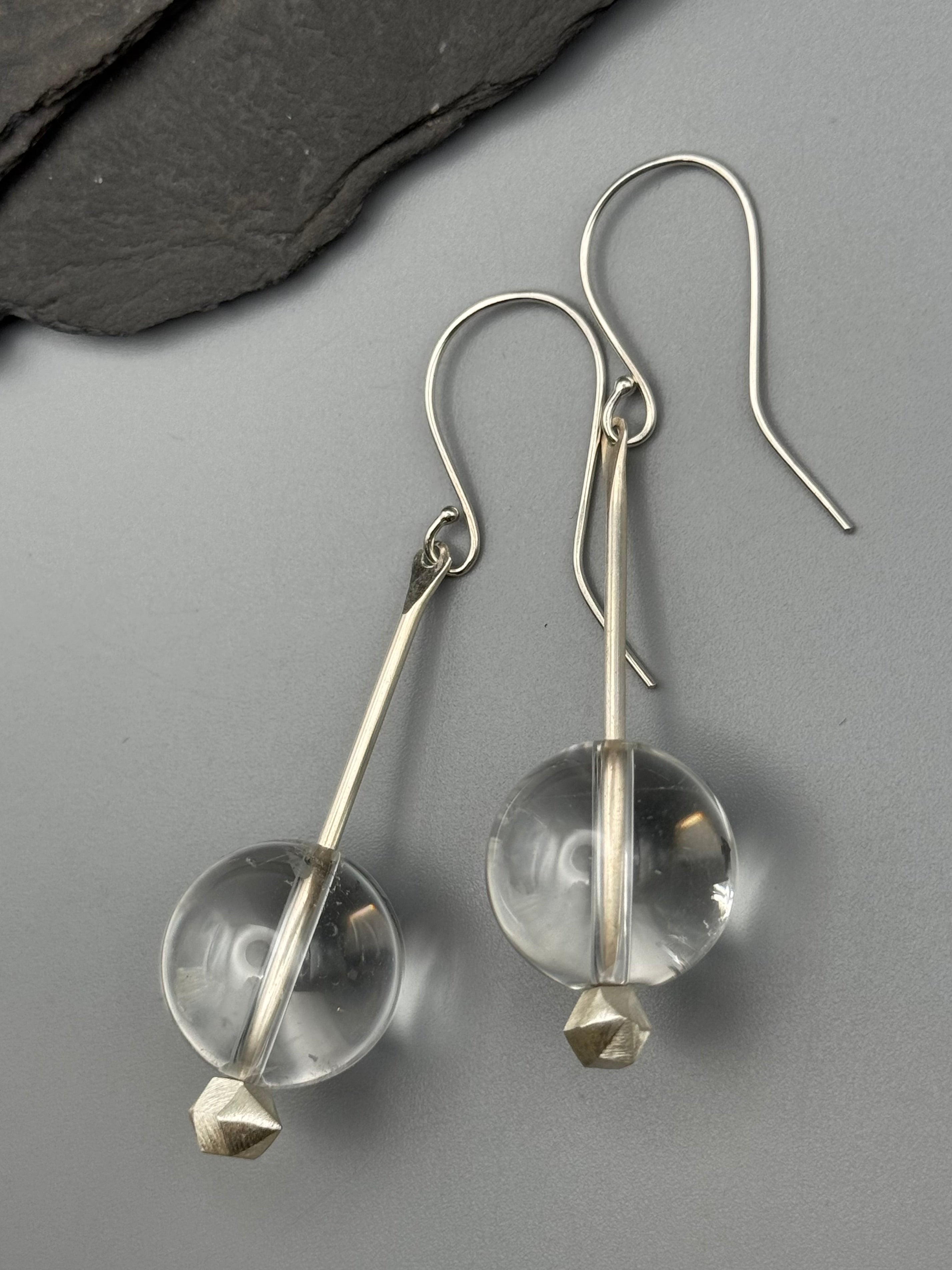 •ORB• clear quartz sphere + herkimer cast silver dangle earrings