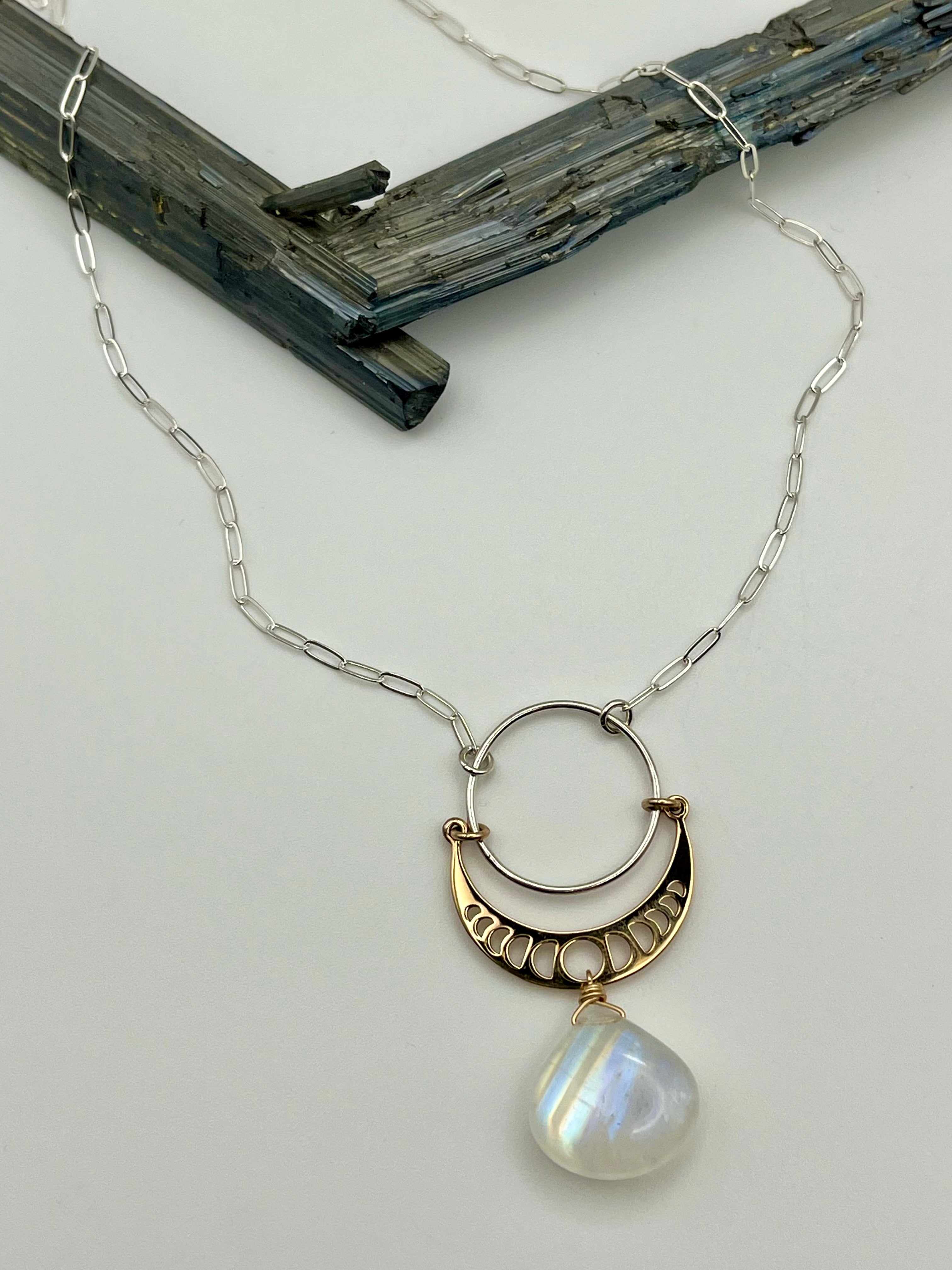 •NYX• rainbow moonstone + moon phases mixed metal necklace (18"-20" long)