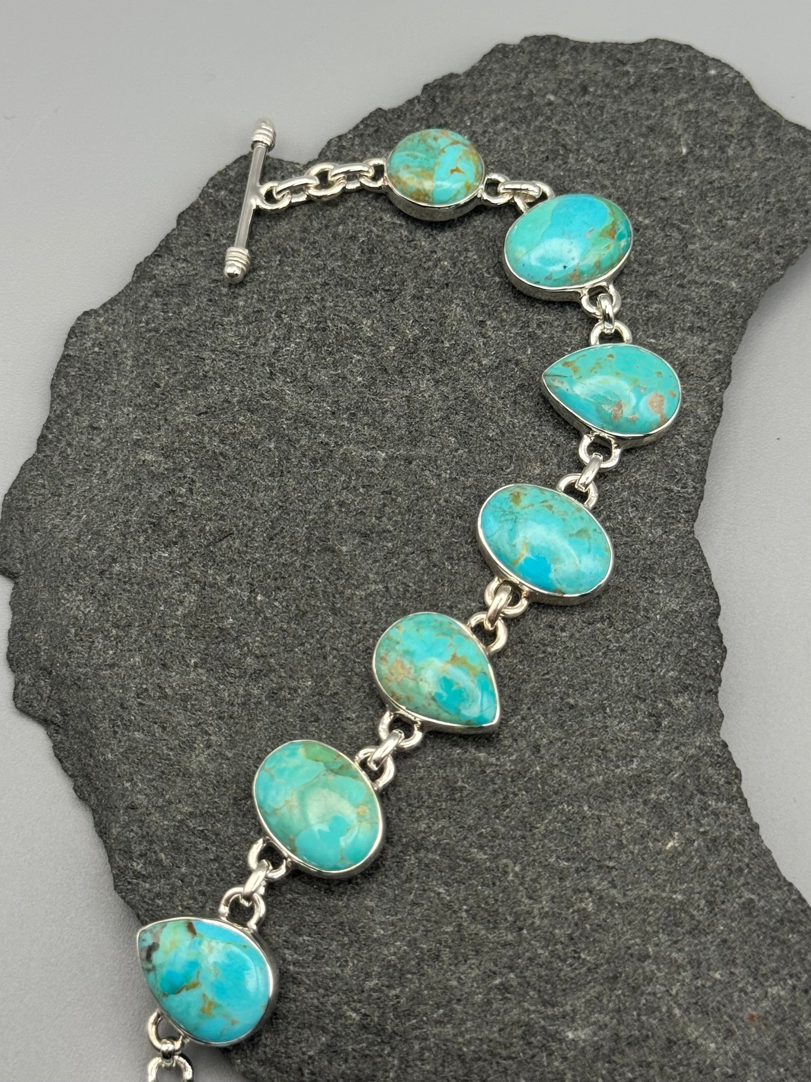 •BOULDER TURQUOISE - GEO MIX• linked silver bracelet (7.25" - 8.5")