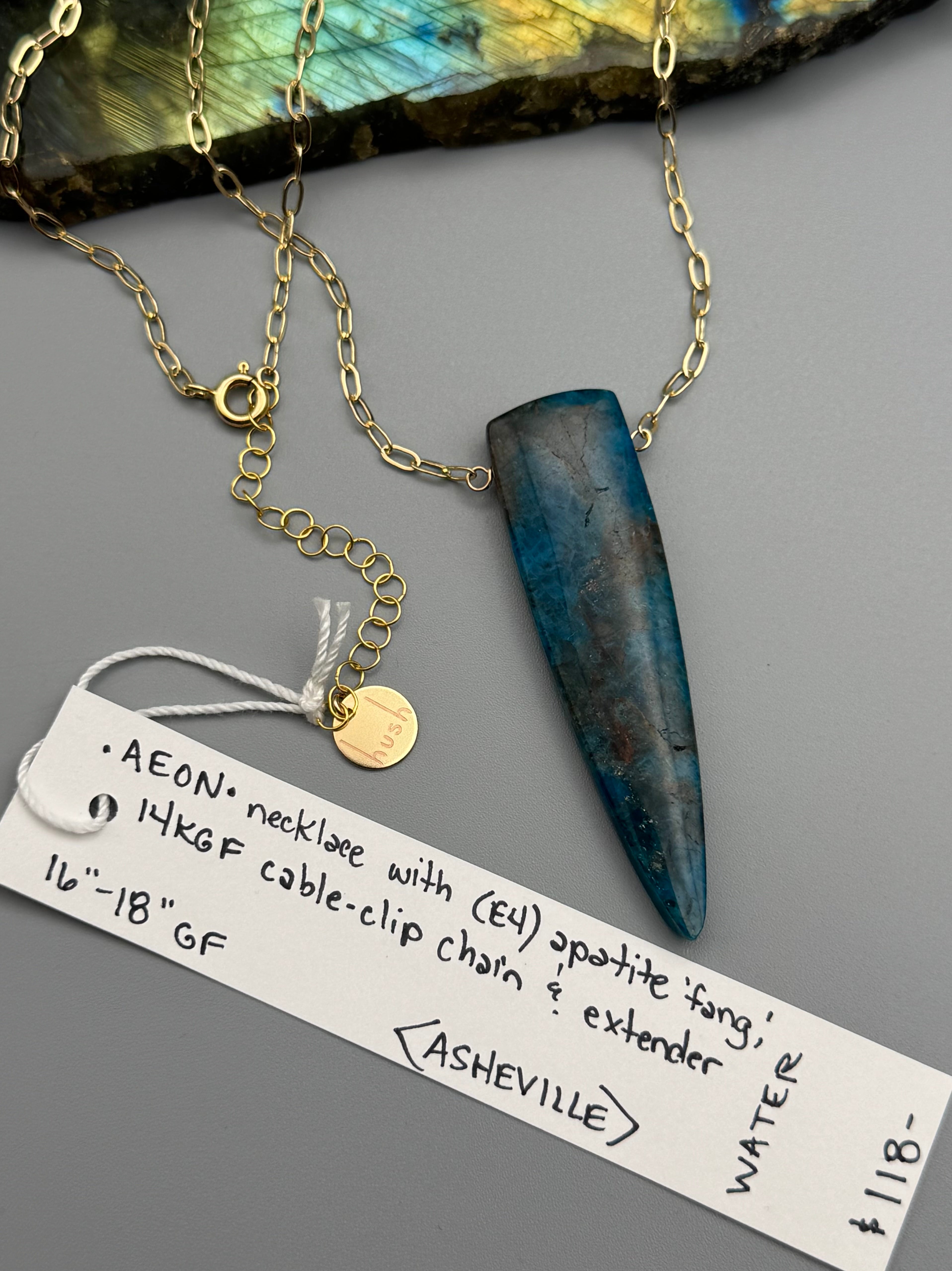 •AEON• blue apatite fang + gold necklace (16"-18" long)