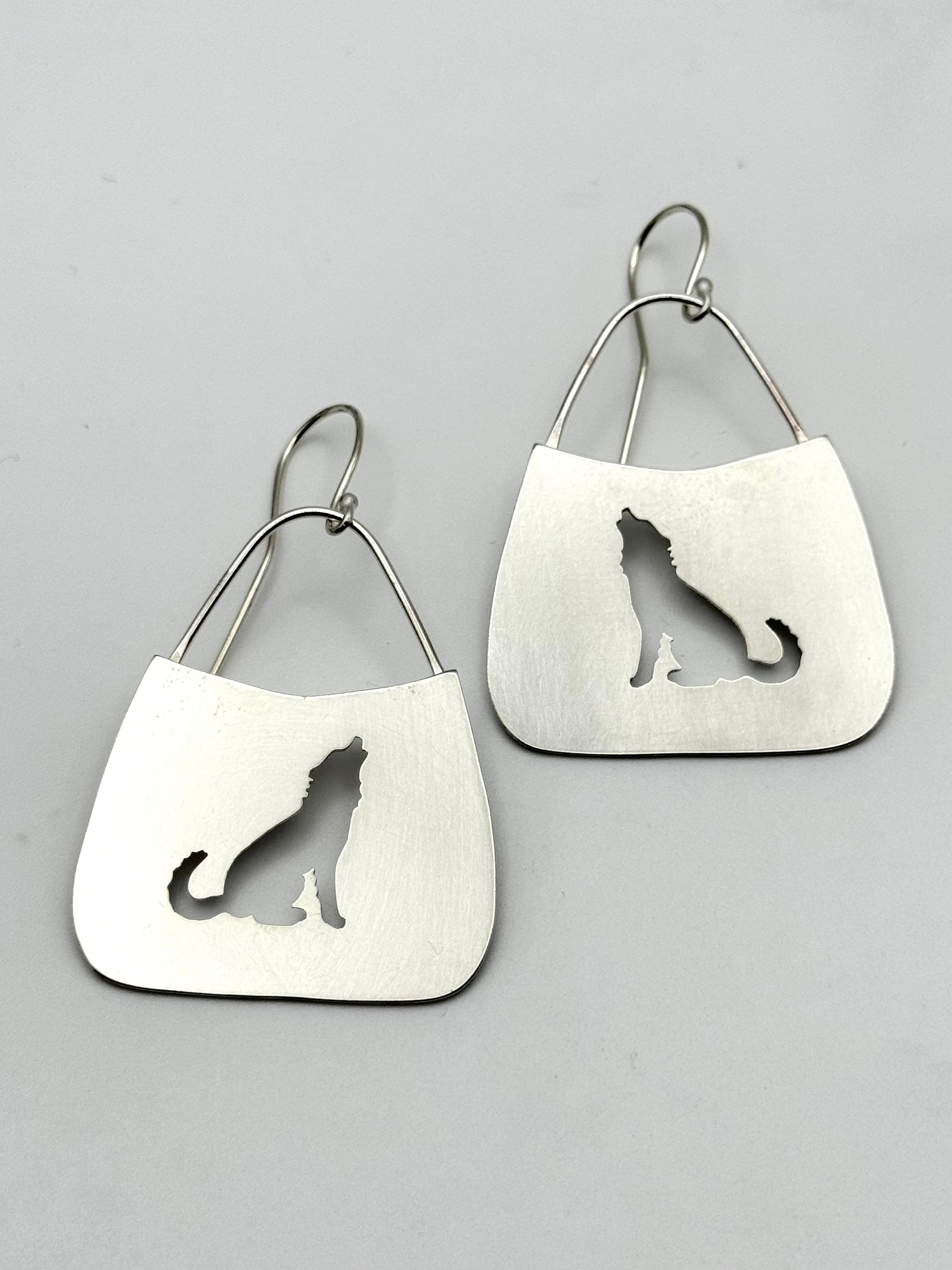 •SILVER RISING• wolf silhouette + silver dangle earrings