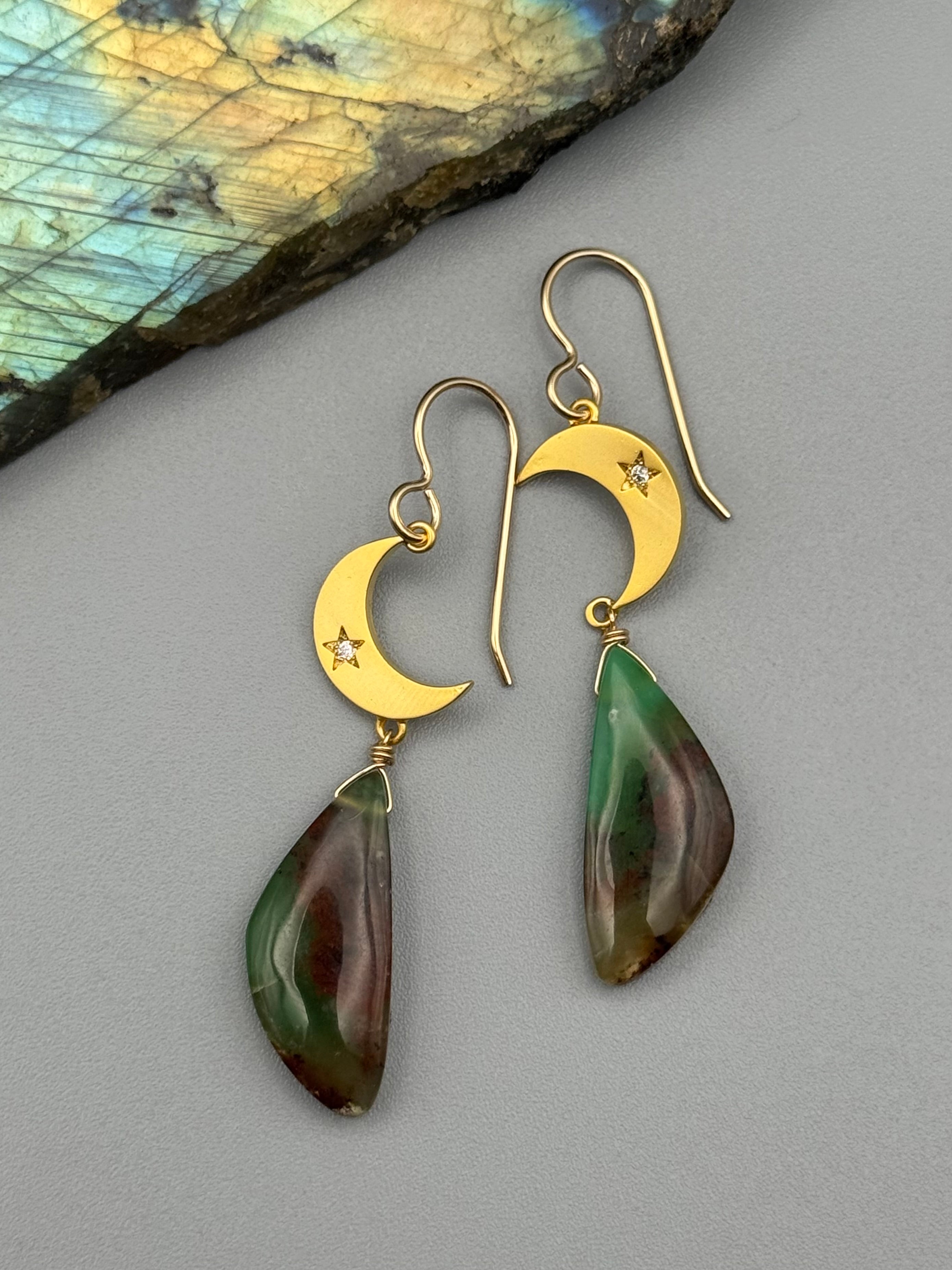 •CRYSTAL CRESCENT• chrysoprase wing + gold earrings