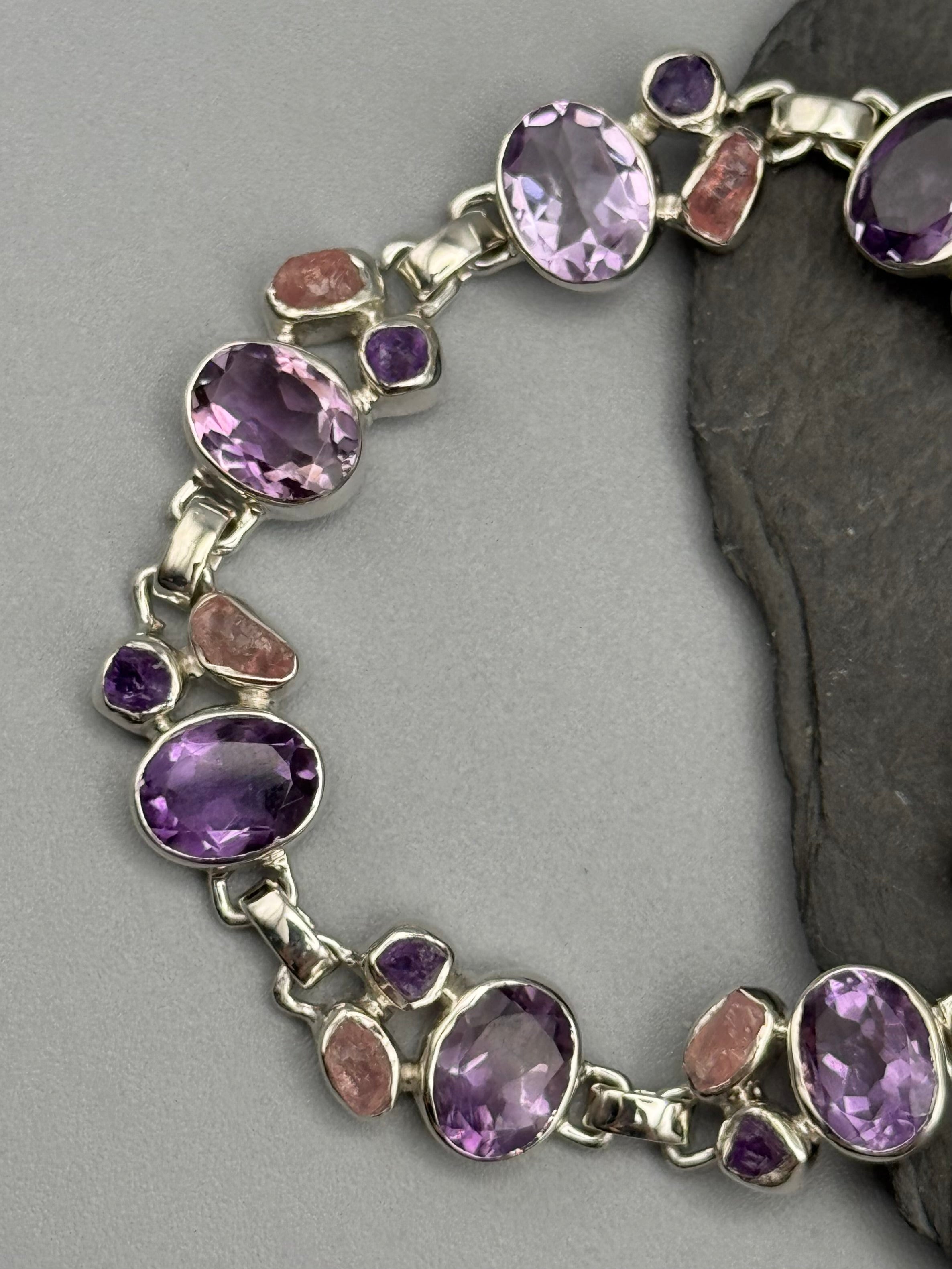 •AMETHYST + ROSE QUARTZ• linked silver bracelet (6.25" - 7.5")