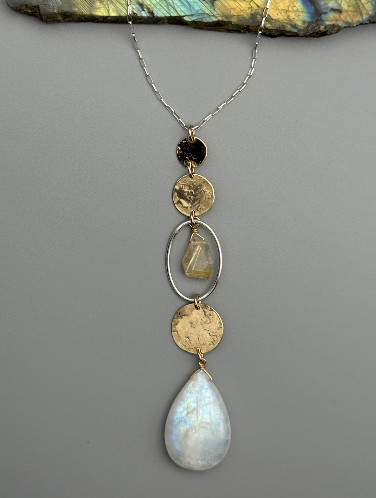 •NYX• rutilated quartz + rainbow moonstone mixed metal necklace (26"-28" long)