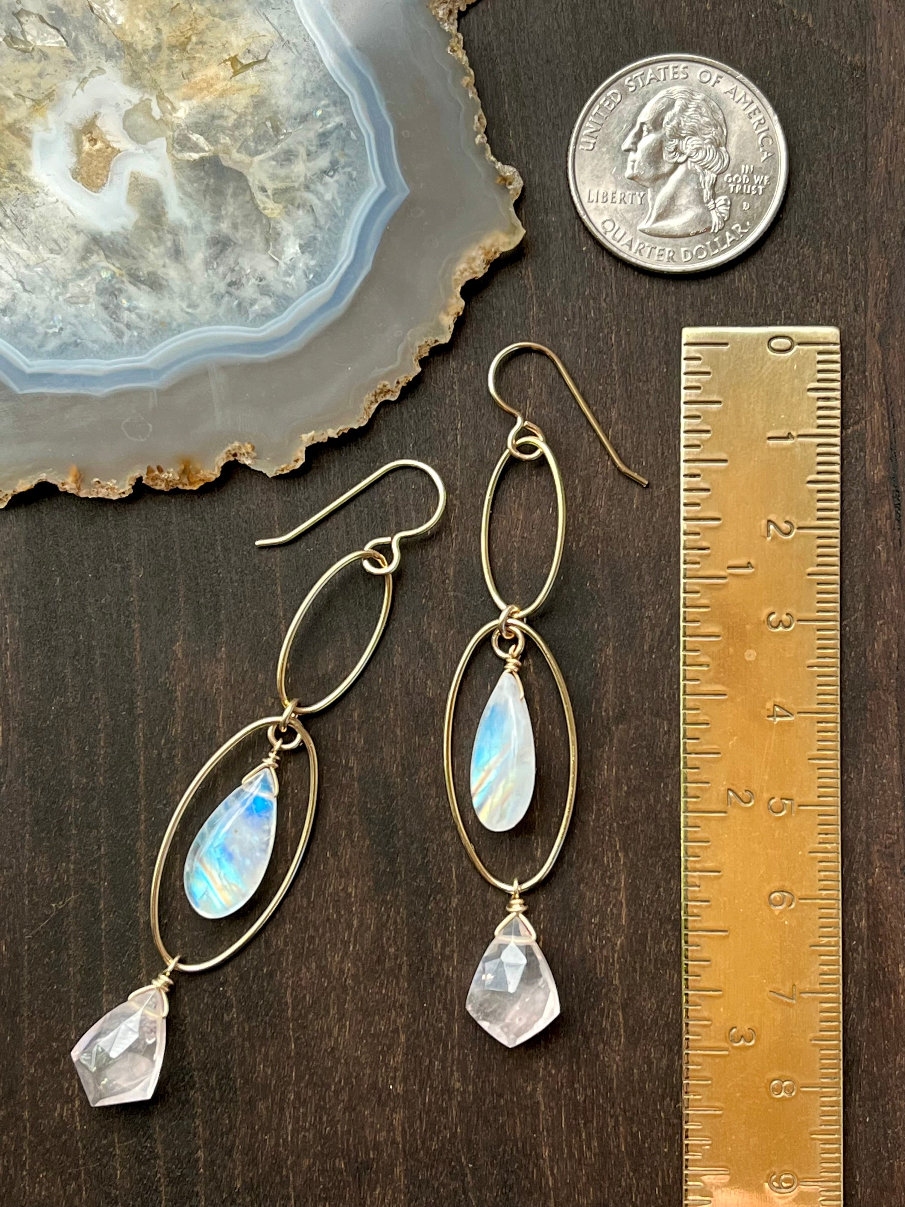 •DOUBLE LUNA• rose quartz + rainbow moonstone gold dangle earrings