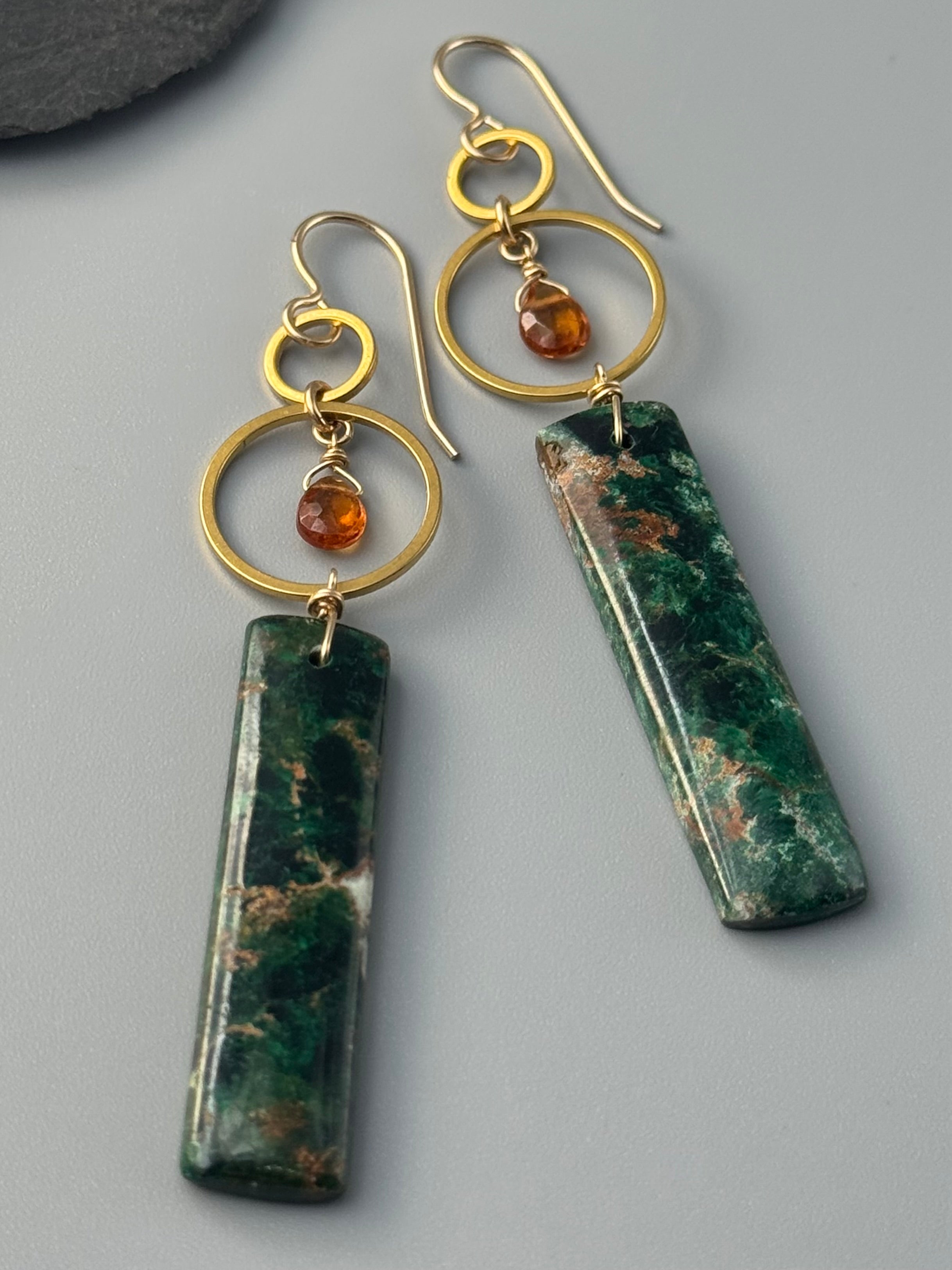 •EQUA-LUNA• hessonite garnet + malachite gold earrings