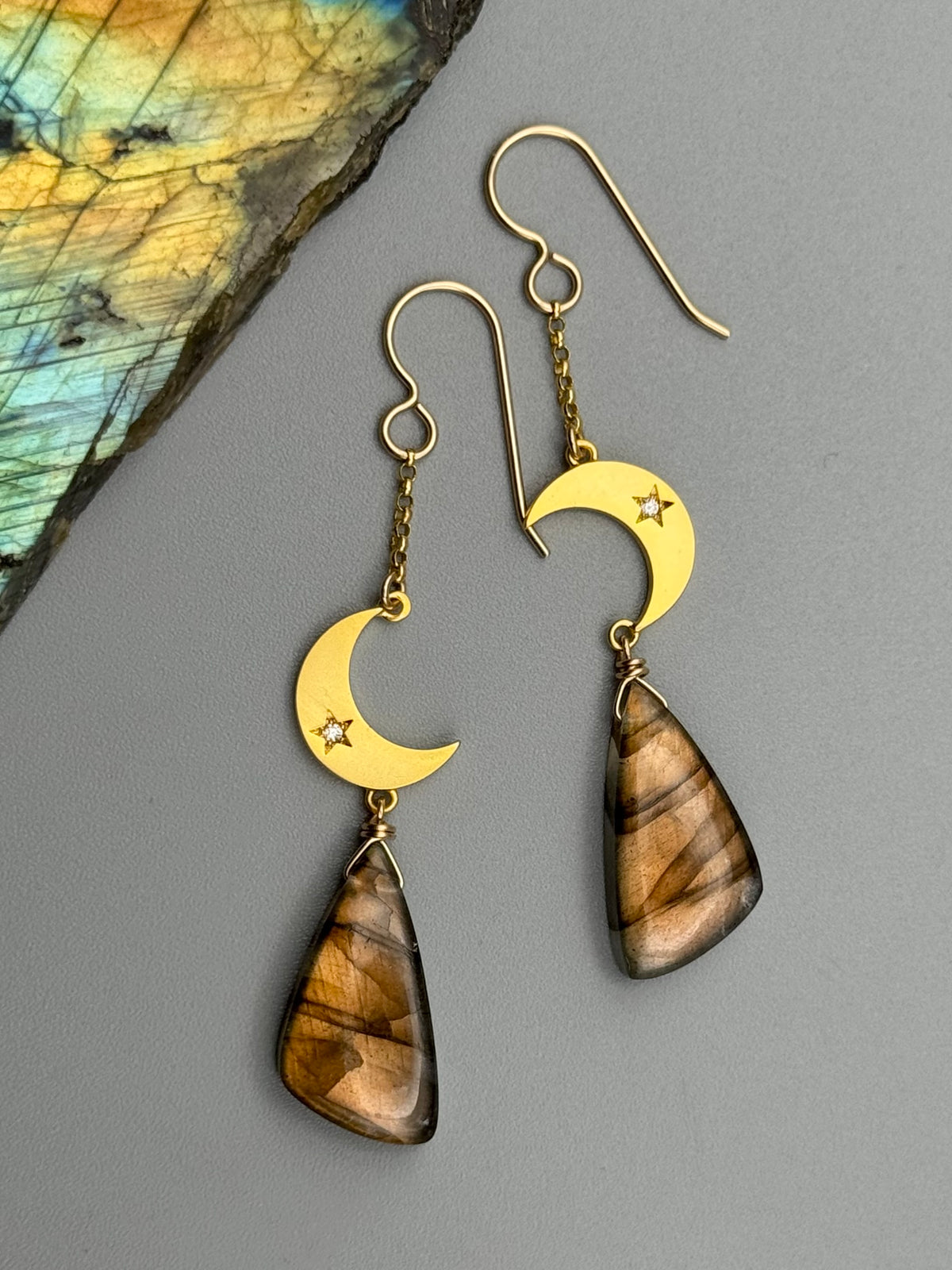 •CRYSTAL CRESCENT• golden labradorite wing + gold earrings