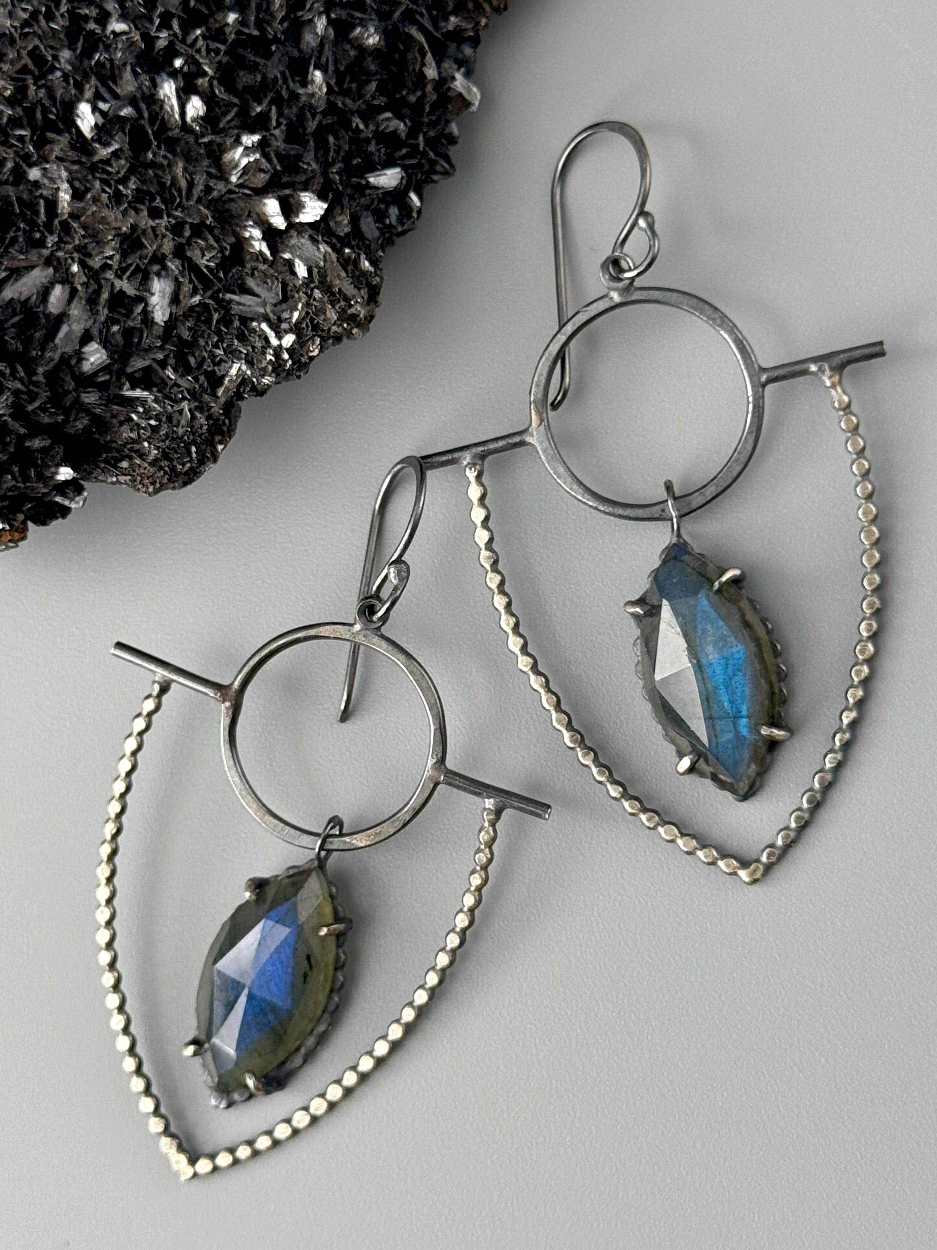 •DOTTED SHIELD• labradorite + silver dangle earrings