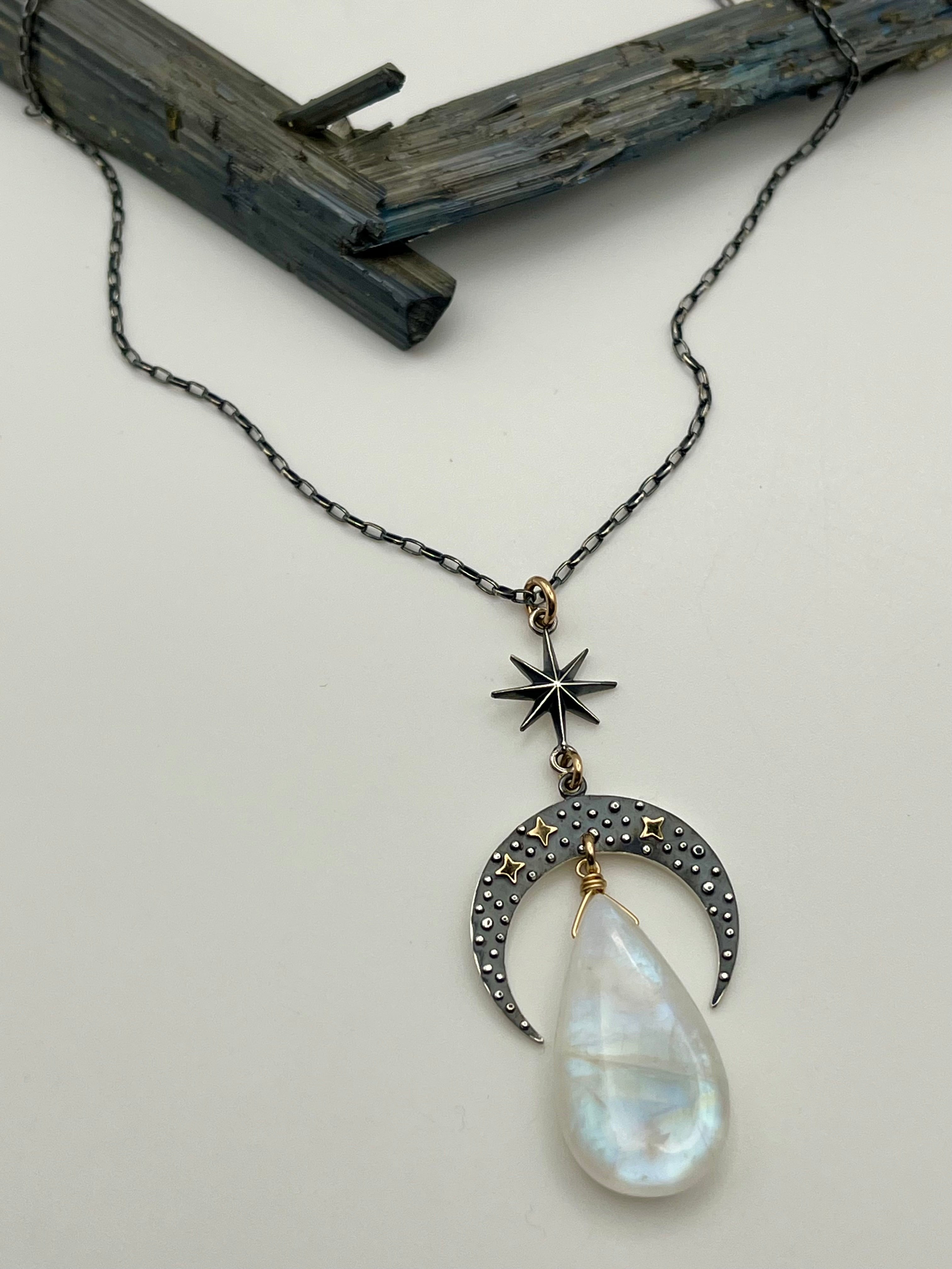 •NYX• rainbow moonstone + celestial crescent mixed metal necklace (18"-20" long)