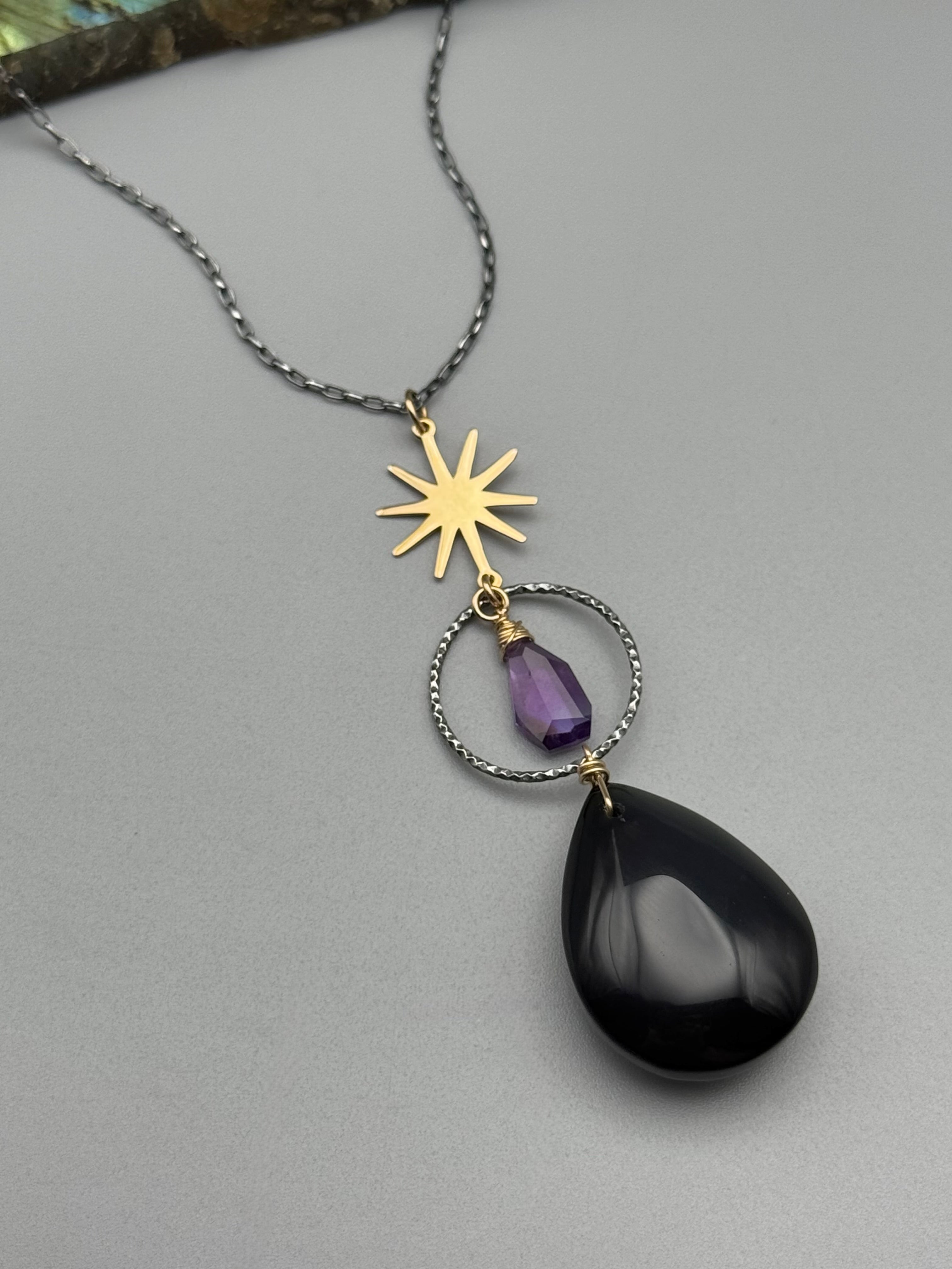 •NYX• rainbow obsidian + amethyst mixed metal necklace (26"-28" long)